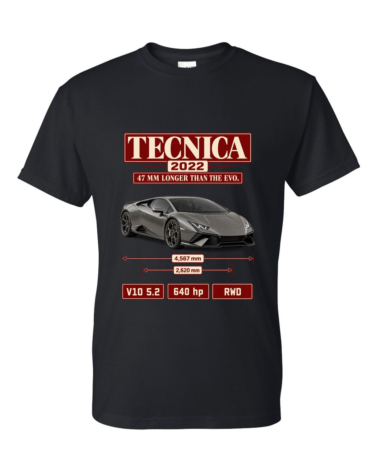 Archive panel print of the Lamborghini Huracan Tecnica black t-shirt front view with the design