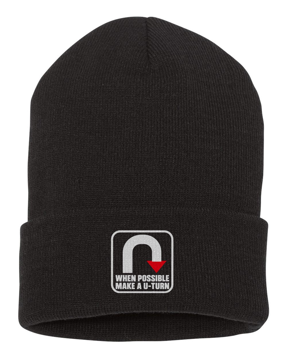 When Possible Make A U-Turn Funny Car Guy Shirt For Drivers black beanie front view with car name