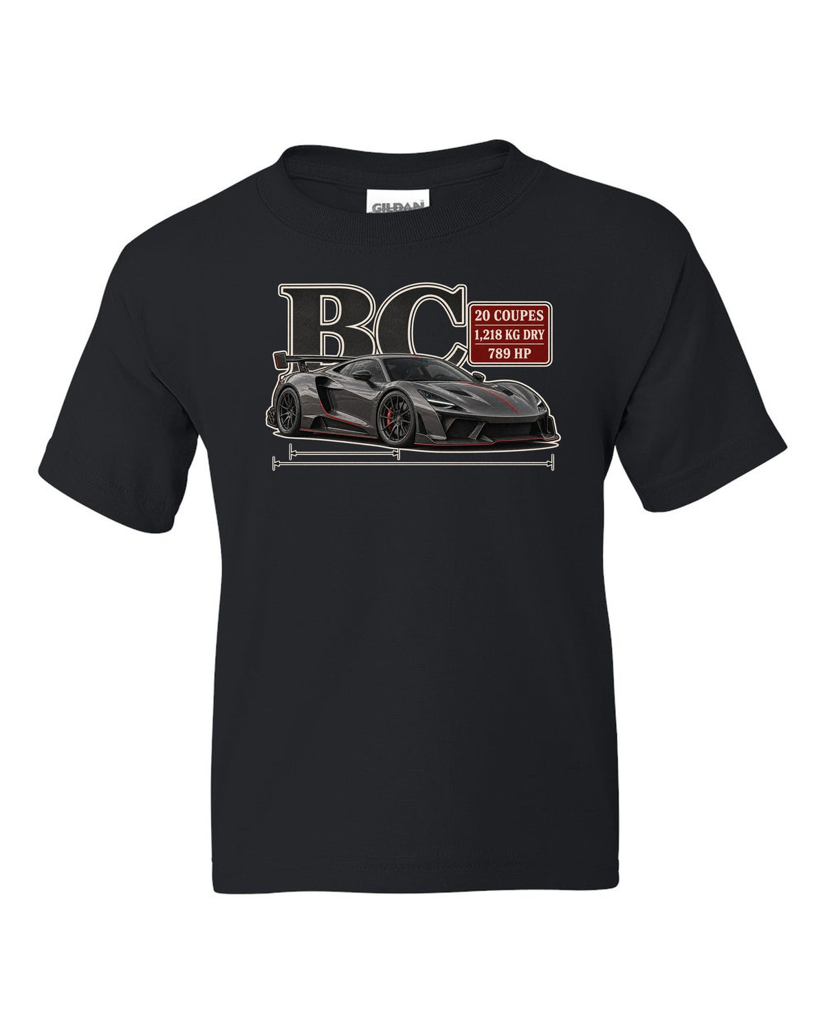 Archive panel print of the Pagani Huayra BC with the text BC, 20 coupes, 1,218 kg dry, 789 hp black kids tee front view with the design