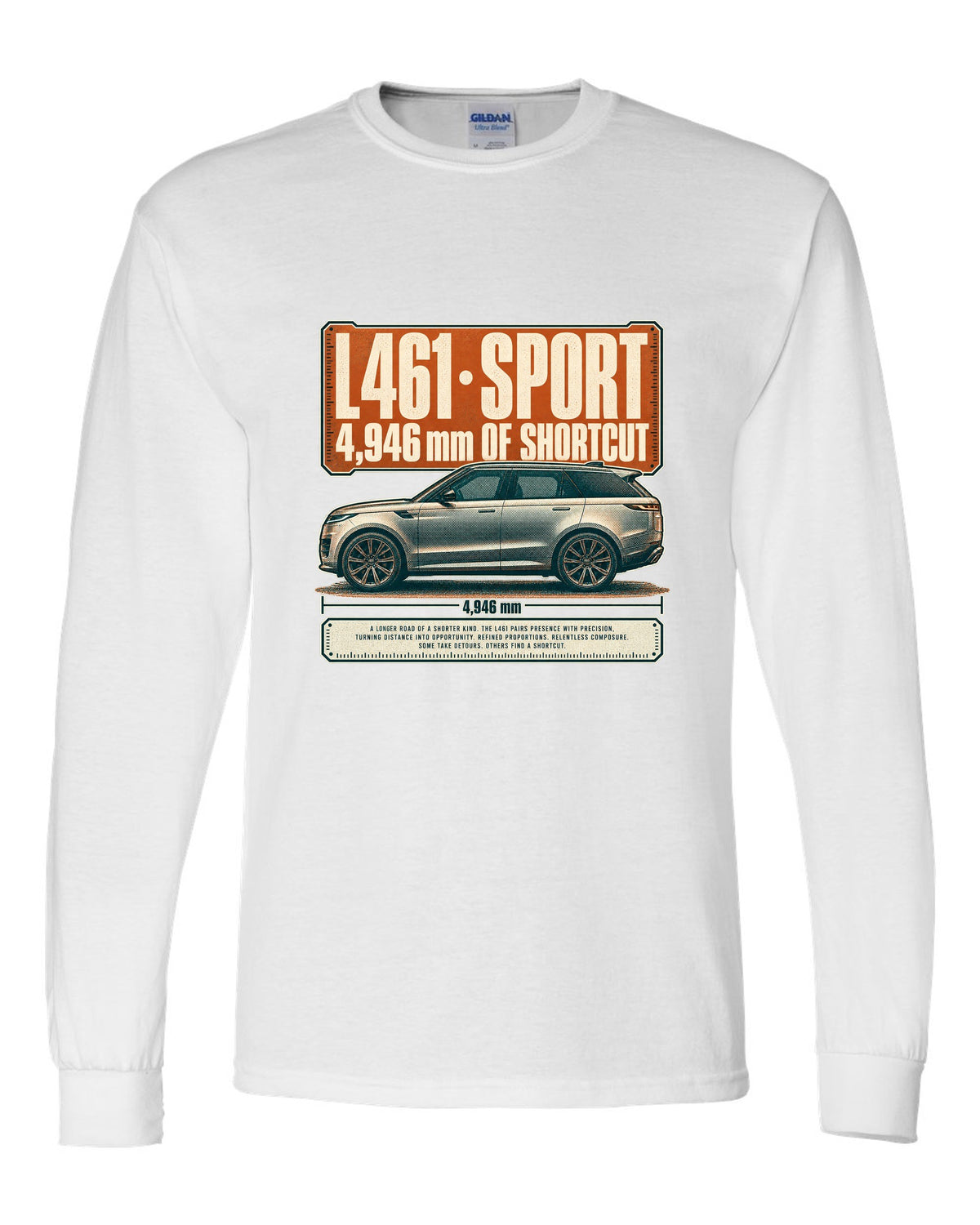 Halftone statement print of the Range Rover Sport L461 with length lettering white long sleeve front view with the design