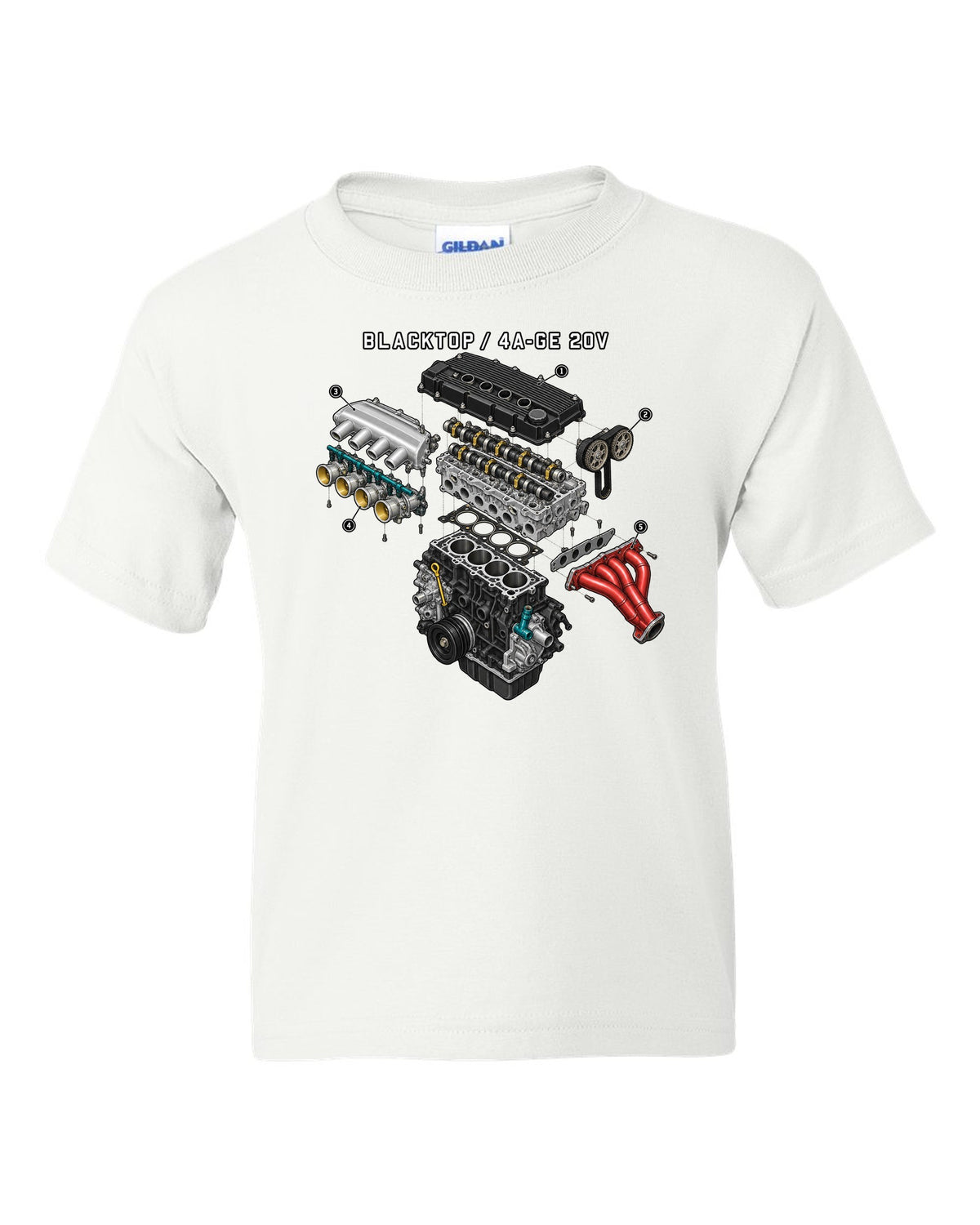 Exploded engine diagram of the blacktop 4A-GE 20V for the Toyota Corolla AE111 white kids tee front view with the design