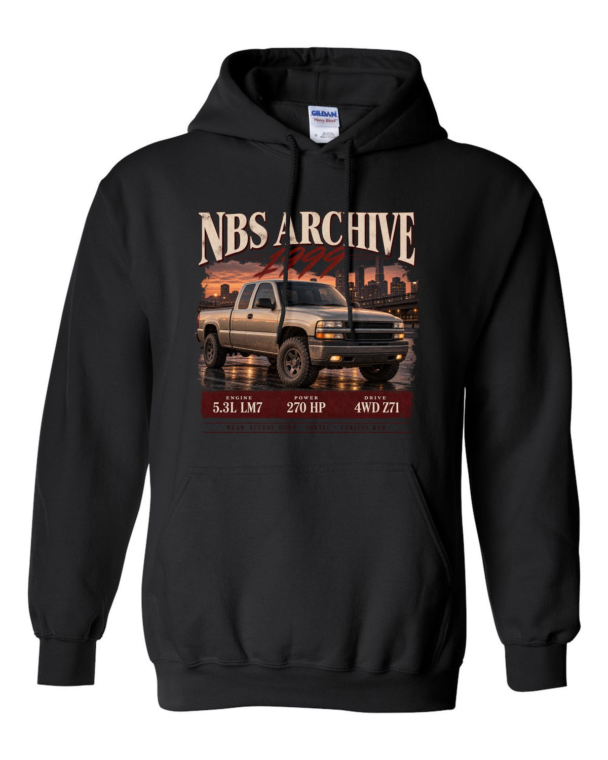 1999 Chevy Silverado NBS archive panel print black pull over hoodie front view with the design