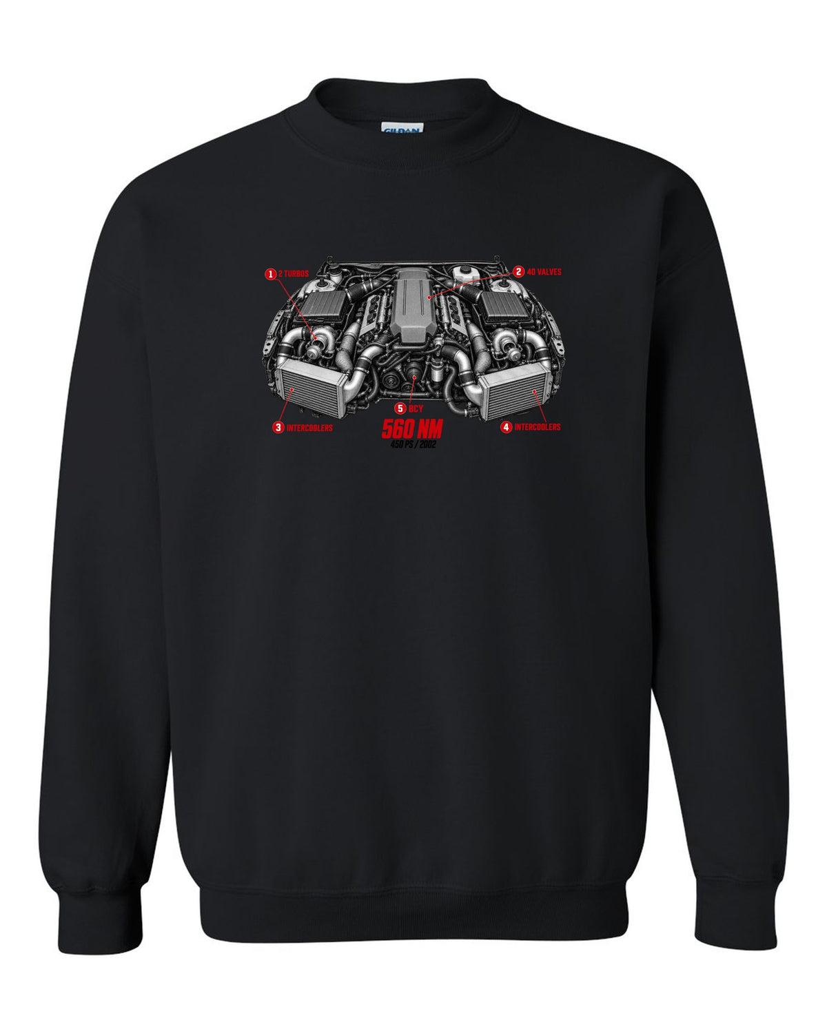 Audi RS6 Avant C5 BCY 4.2 biturbo engine with callouts and spec text black crewneck front view with the design