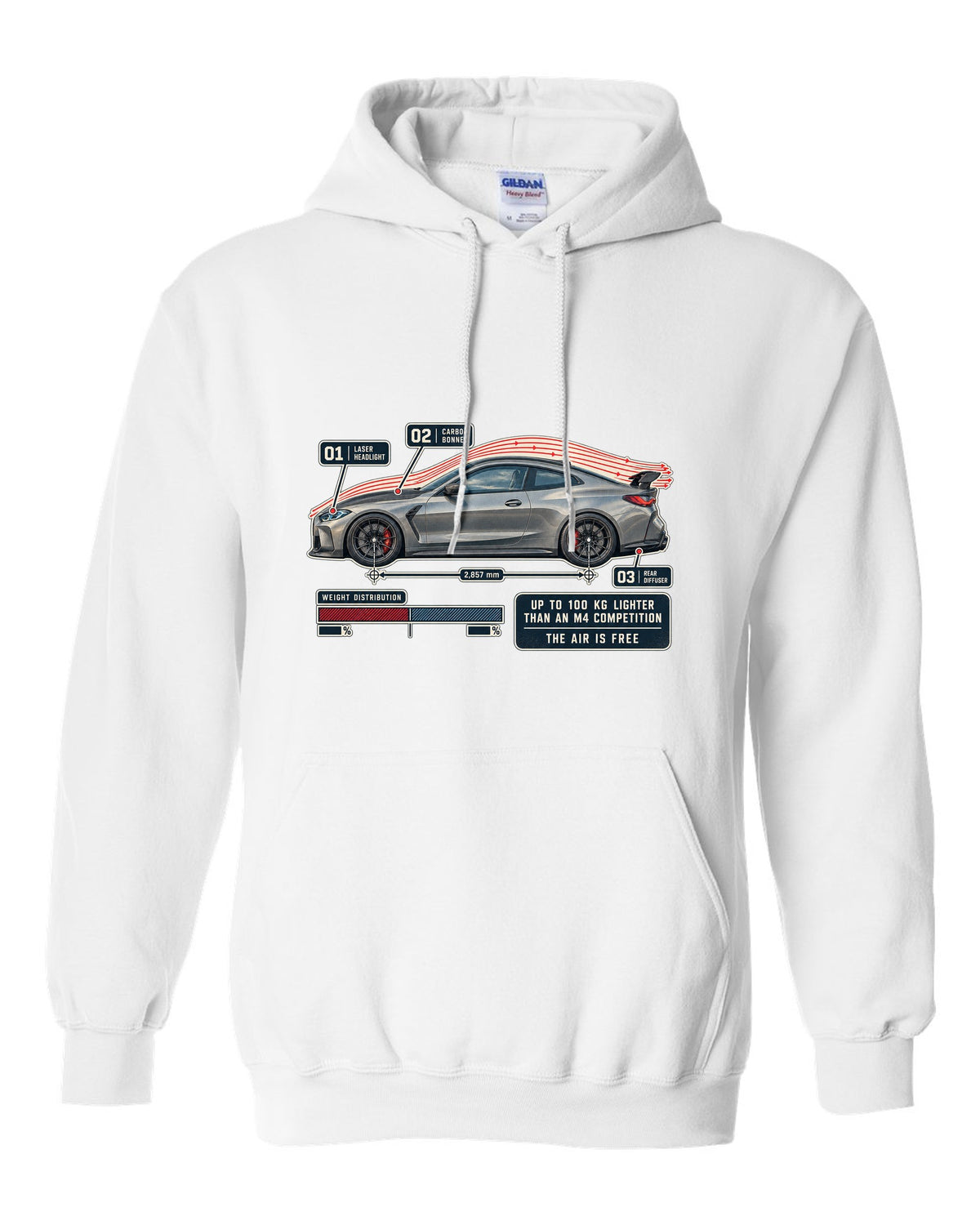 BMW M4 CSL G82 aero flow cutaway print white pull over hoodie front view with the design