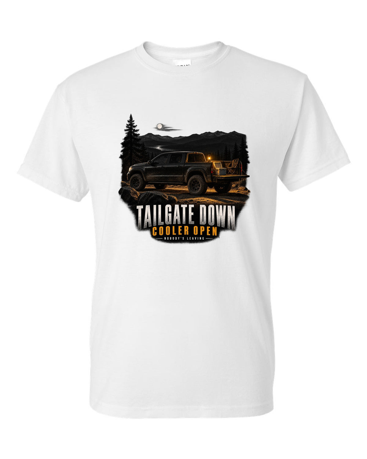 Jeep Gladiator JT with tailgate down in a night garage print white t-shirt front view with the design
