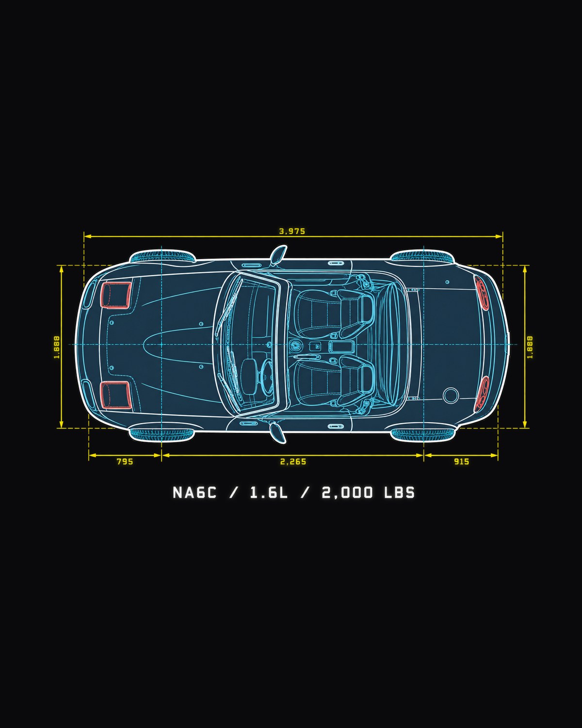 Mazda MX-5 NA6C 1.6L Blueprint Shirt, 2,000 LBS Miata Tee design only