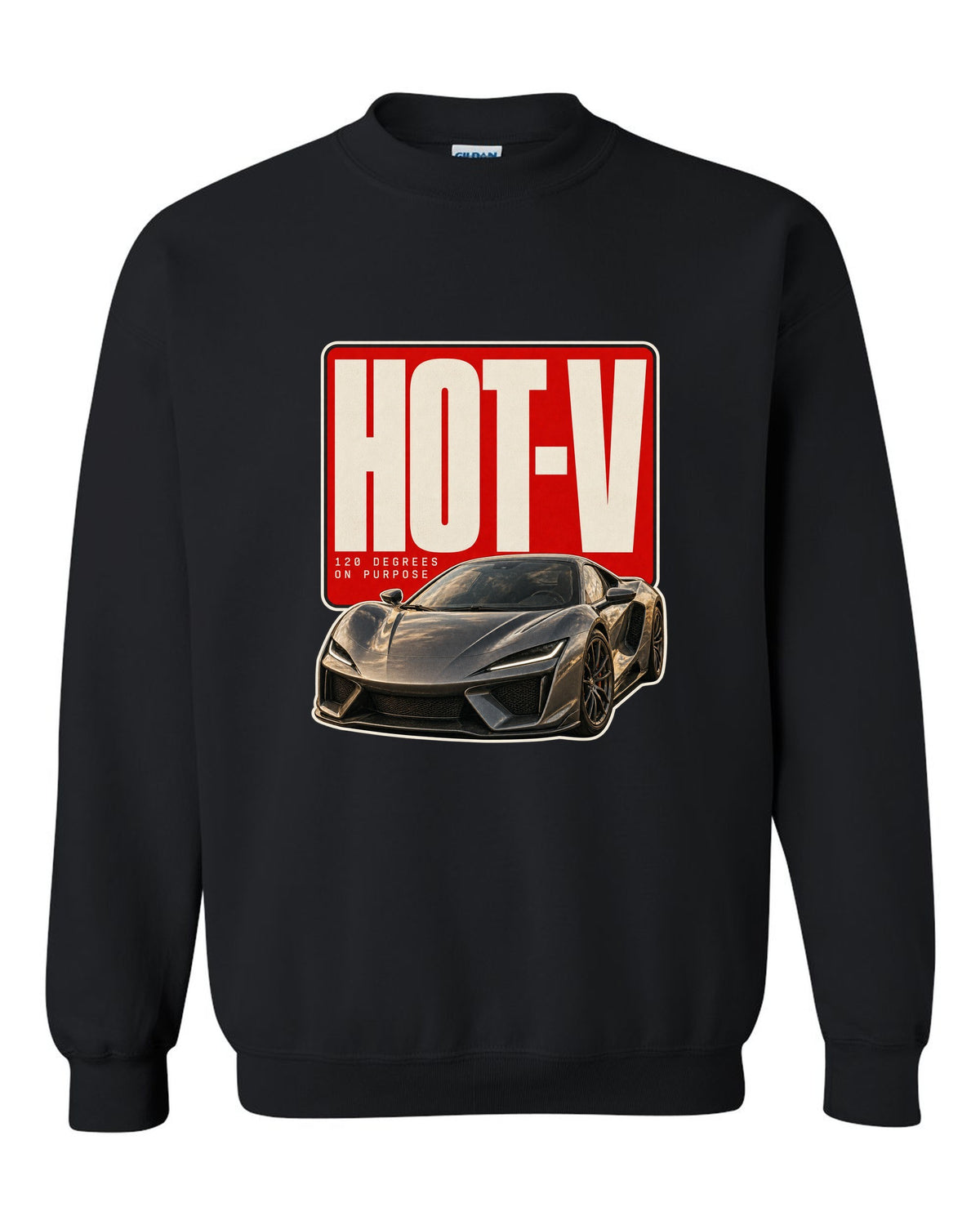 Editorial headline print of a McLaren Artura with hot-V 120 degree text black crewneck front view with the design