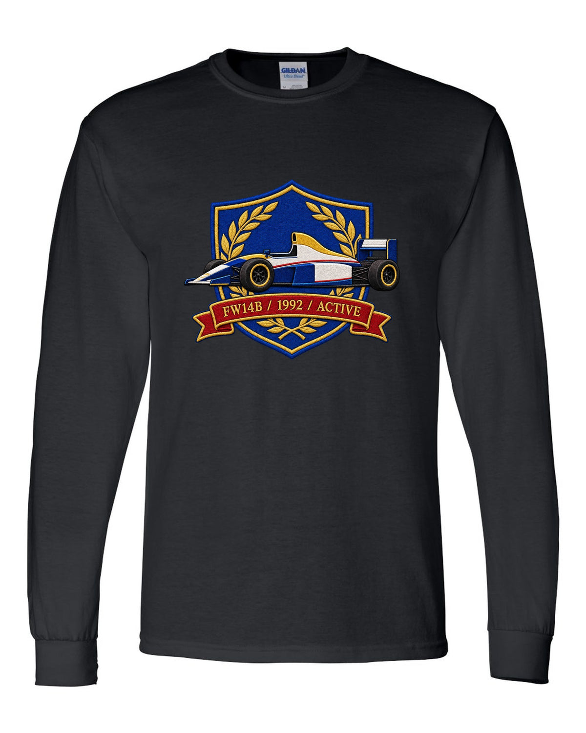 Varsity crest style Williams FW14B Formula 1 car with 1992 ACTIVE lettering black long sleeve front view with the design