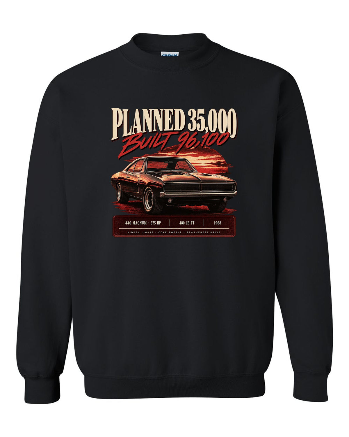 Archive panel print of a 1968 Dodge Charger R/T with 440 Magnum, 375 HP and production figures black crewneck front view with the design