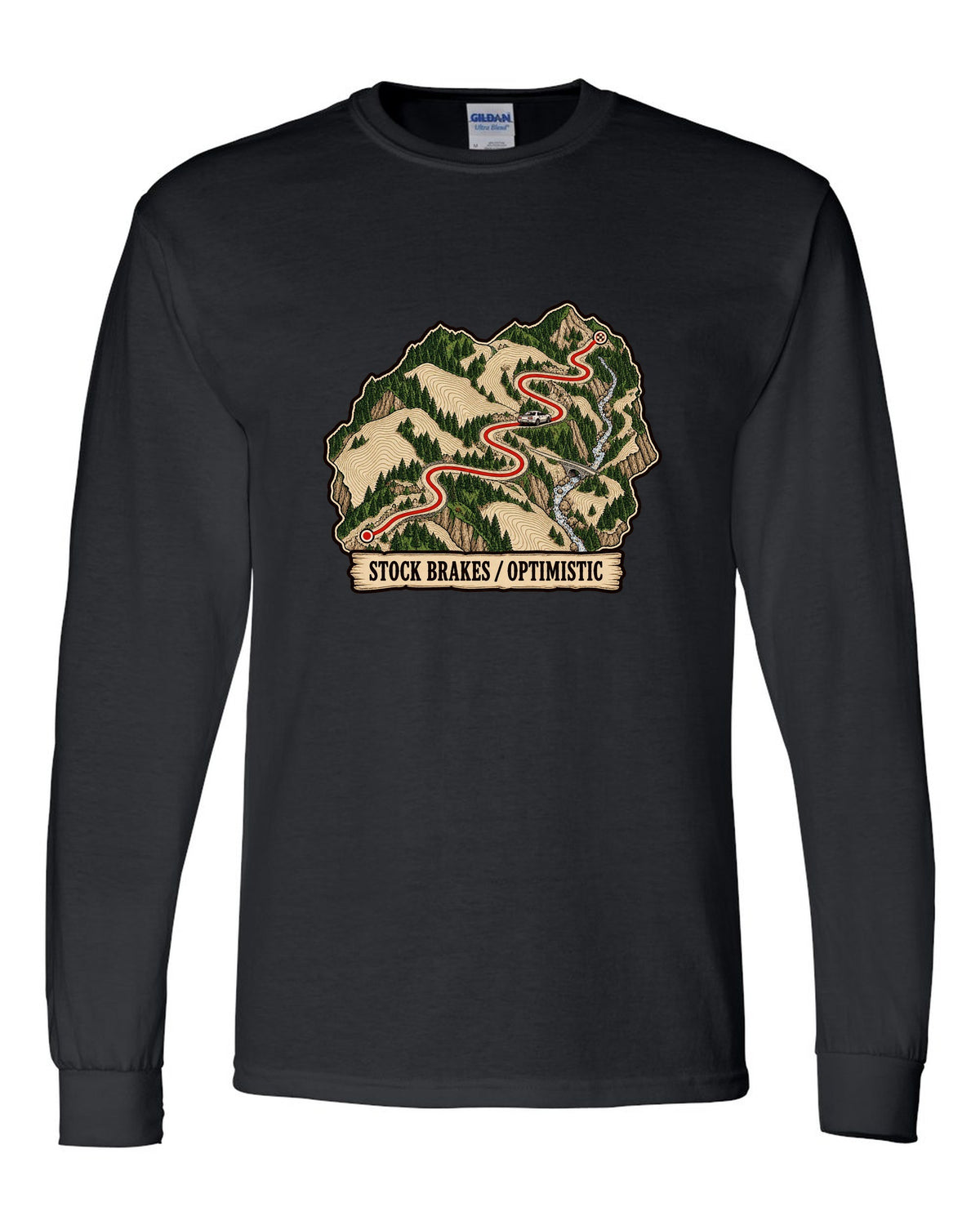 Topographic route map print of a mountain pass for the Nissan Skyline GT-R R32 BNR32 black long sleeve front view with the design