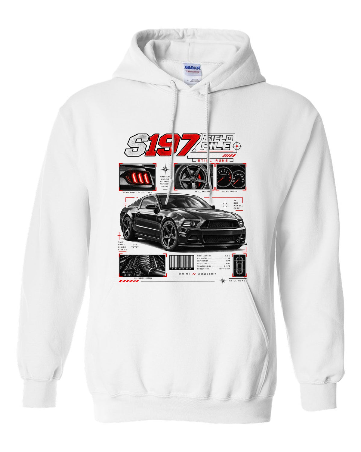 Four-panel dossier print of a Ford Mustang S197 GT fastback white pull over hoodie front view with the design