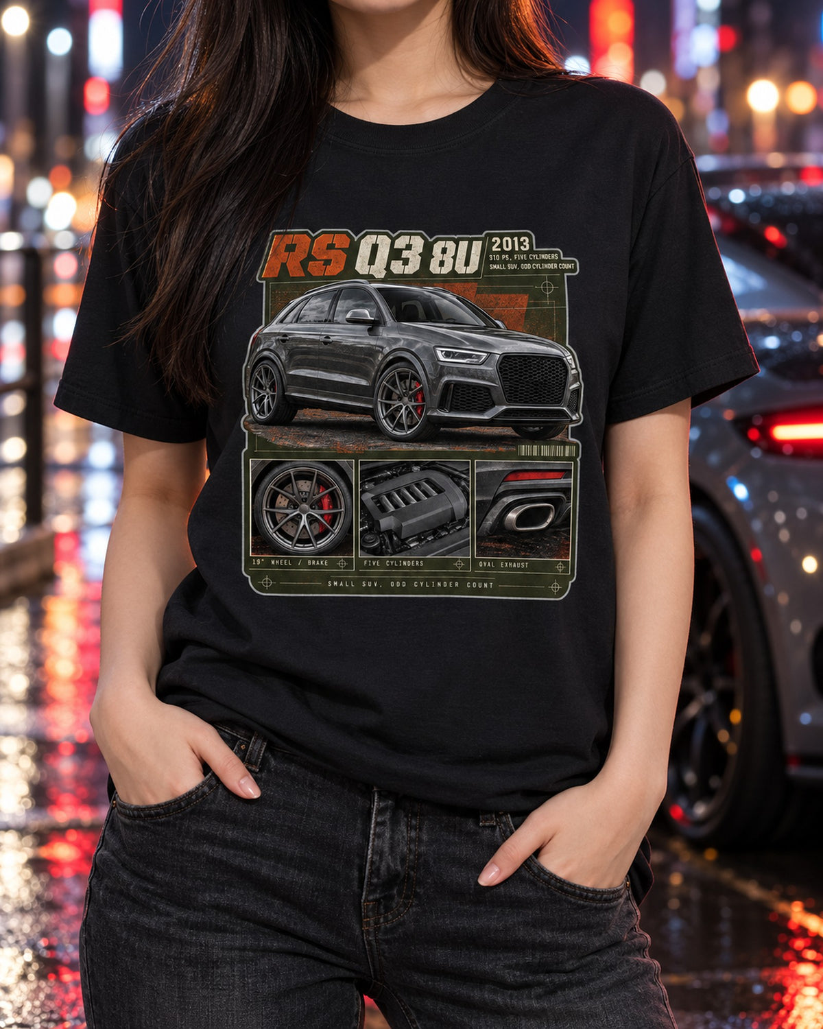 Audi RS Q3 8U Dossier Panels Shirt, 310 PS Five-Cylinder T-Shirt Black worn hero