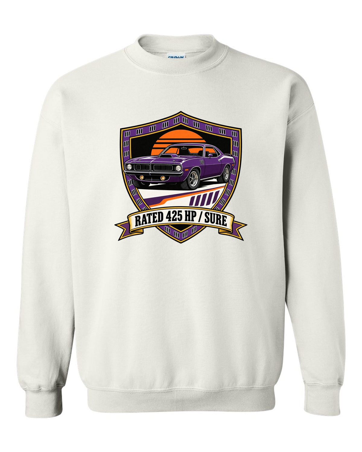 Original shield crest design for a 1970 Plymouth Hemi Cuda with rated 425 HP sure text white crewneck front view with the design