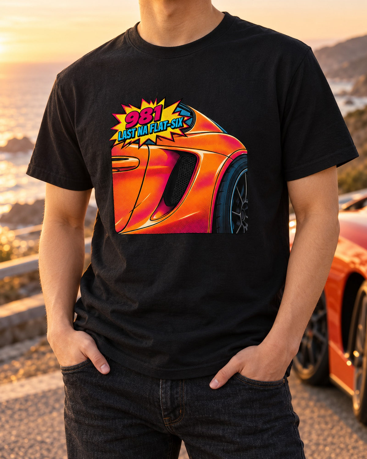 Porsche 981 Cayman GTS Pop-Art Shirt, Last NA Flat-Six T-Shirt Black worn hero