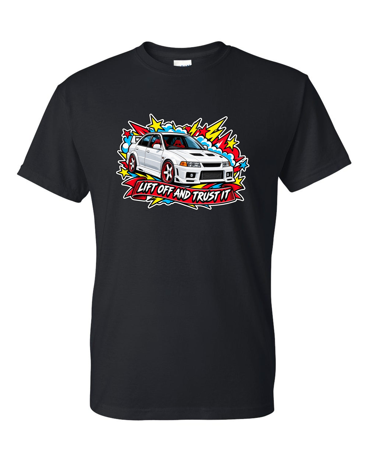 Sticker-bomb collage print for the Mitsubishi Evo VI CP9A with the text lift off and trust it black t-shirt front view with the design