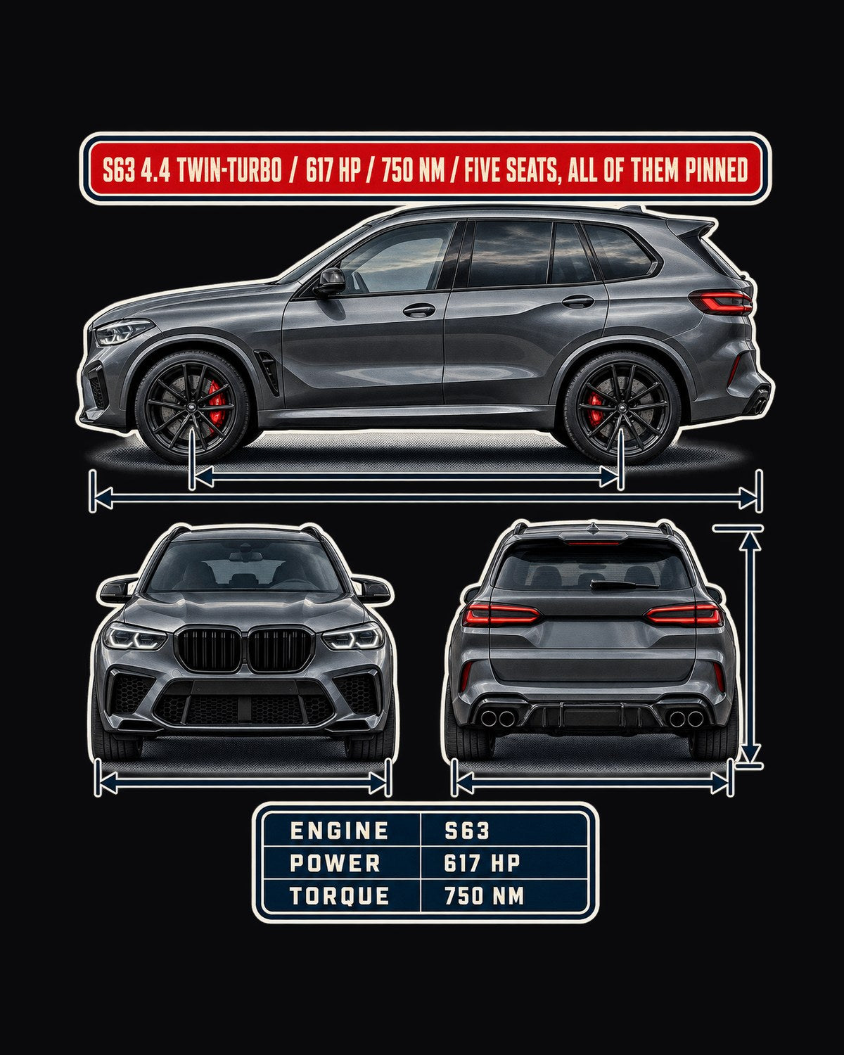 BMW X5 M Competition F95 Three-View Spec Table Shirt design only