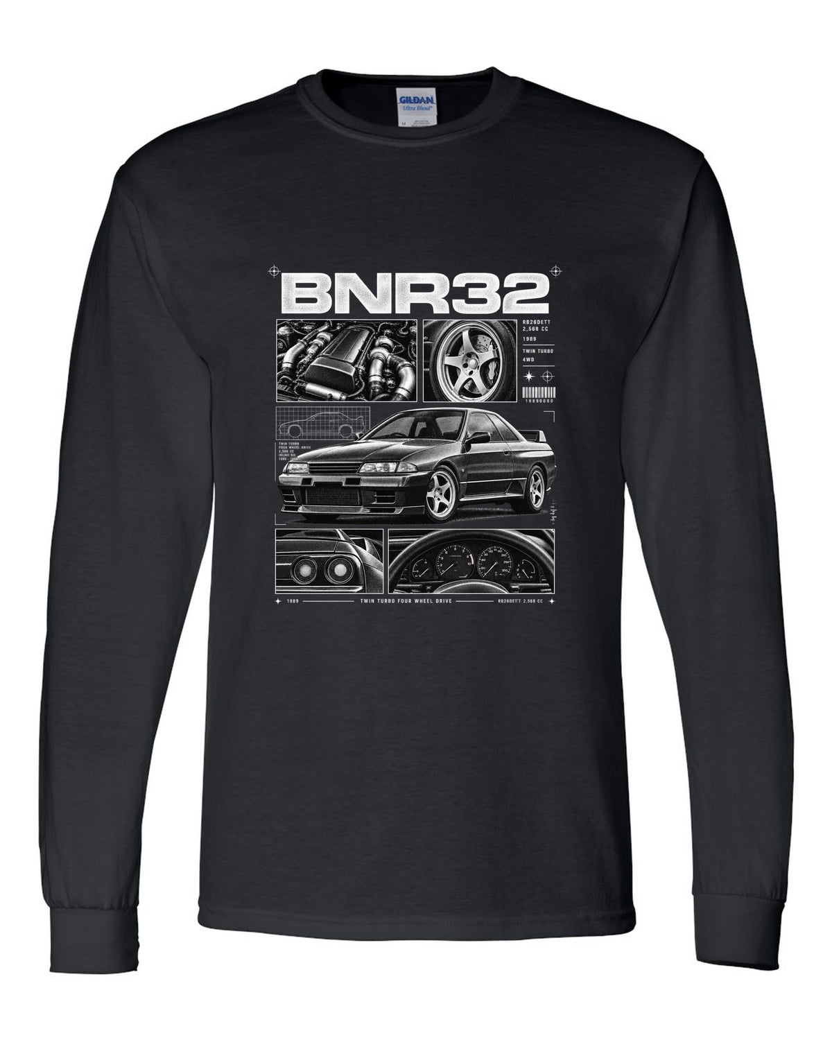 Dossier panel print of a Nissan Skyline GT-R R32 BNR32 with RB26DETT specs black long sleeve front view with the design