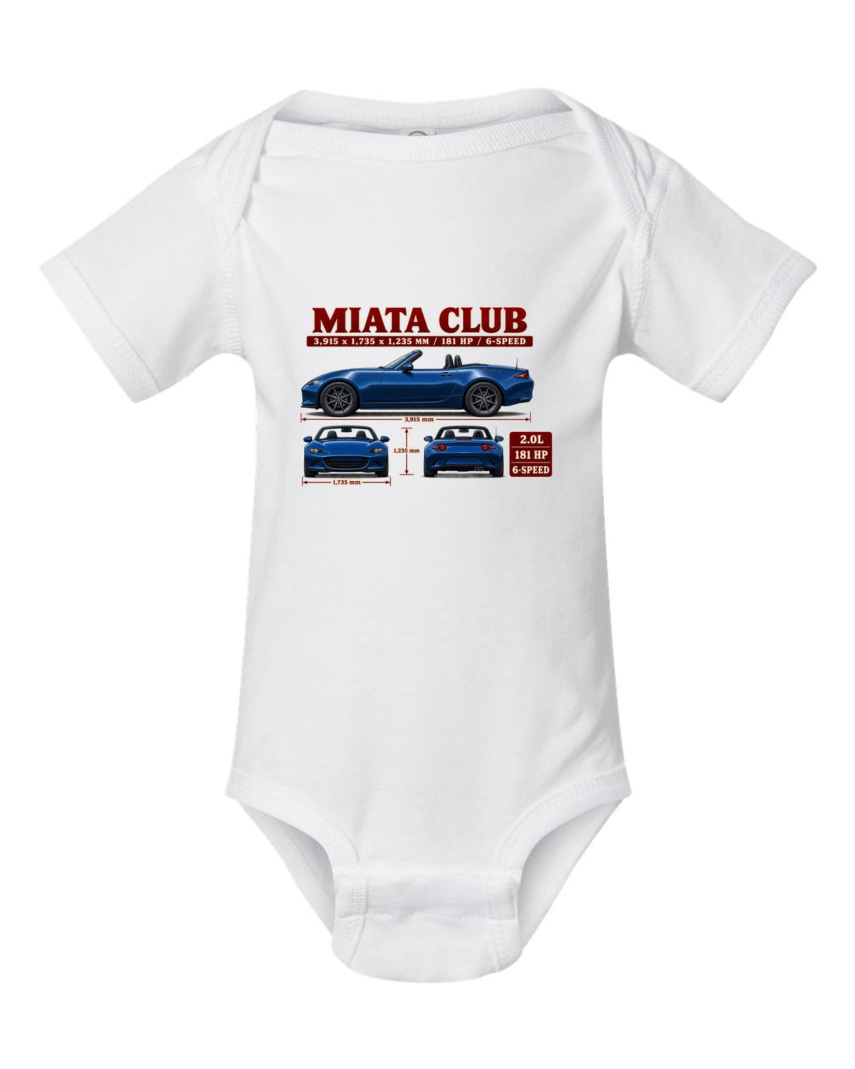Three-view drawing and spec table of a 2019 Mazda MX-5 ND Club in Eternal Blue white baby onesie front view with the design