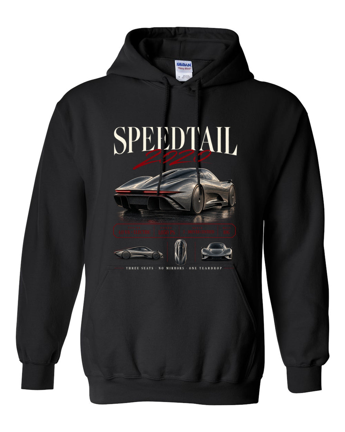 Archive panel print of a 2020 McLaren Speedtail with three seats and no mirrors text black pull over hoodie front view with the design