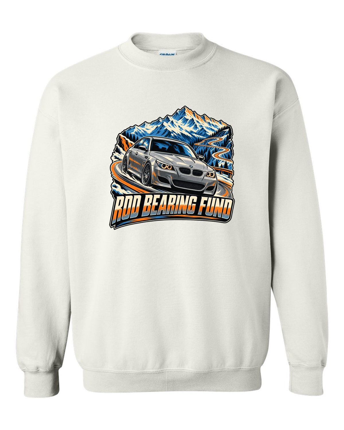 Retro Japanese showa catalogue print of a BMW M5 E28 with S38 3.5 six text white crewneck front view with the design
