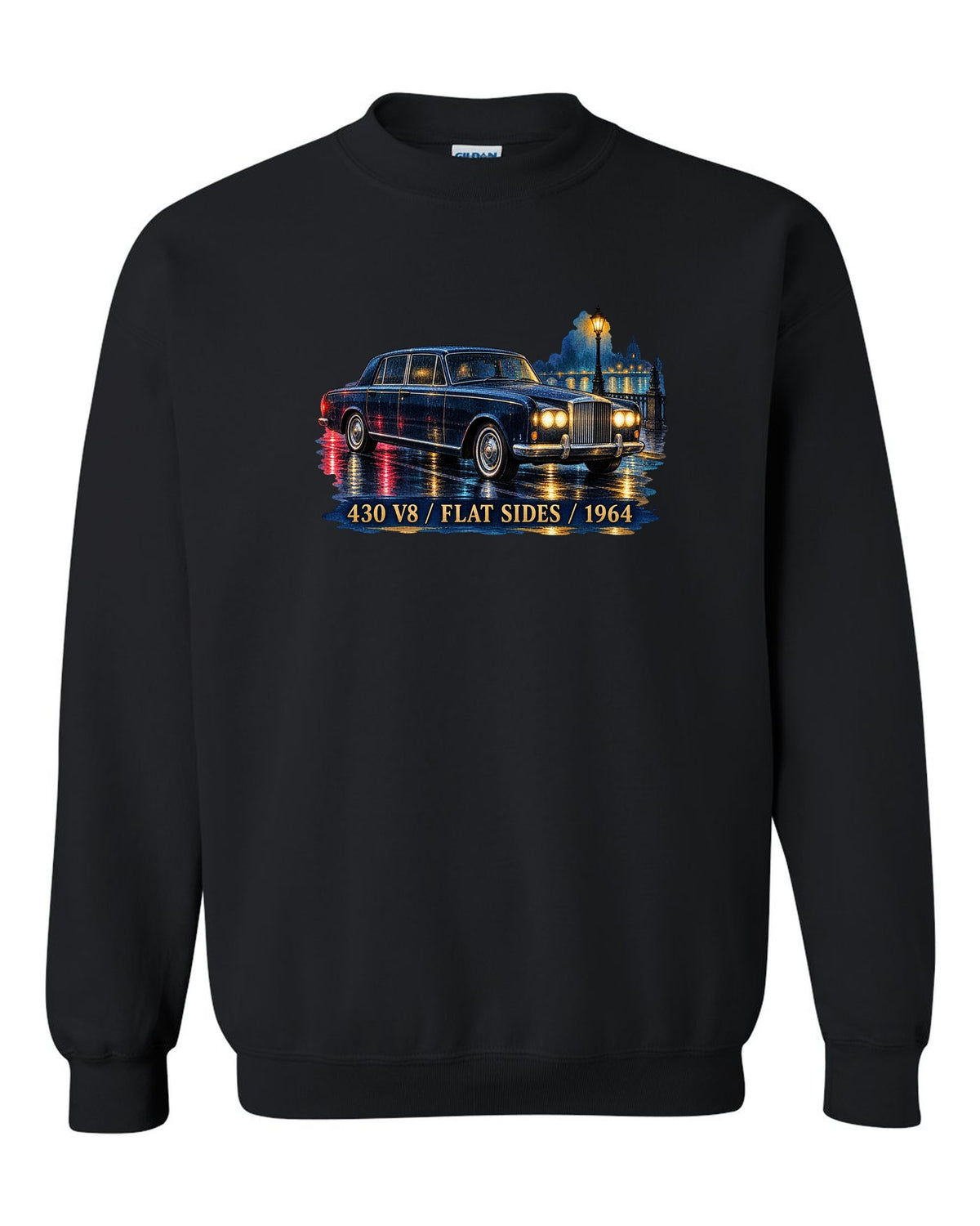 1964 Lincoln Continental on a wet night road in watercolour style black crewneck front view with the design