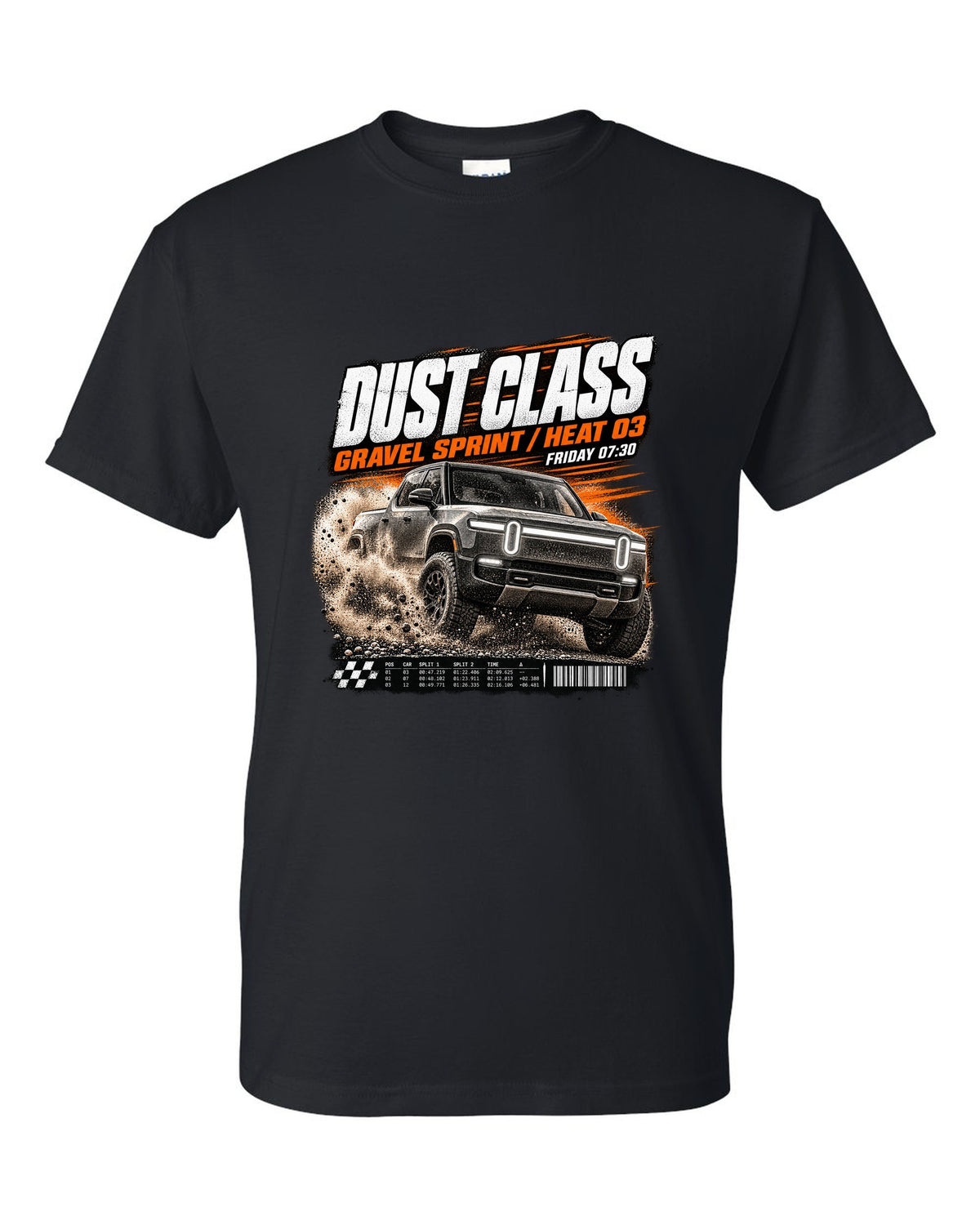 Rivian R1T Gen 2 2025 race poster reading Dust Class, gravel sprint, heat 03 black t-shirt front view with the design