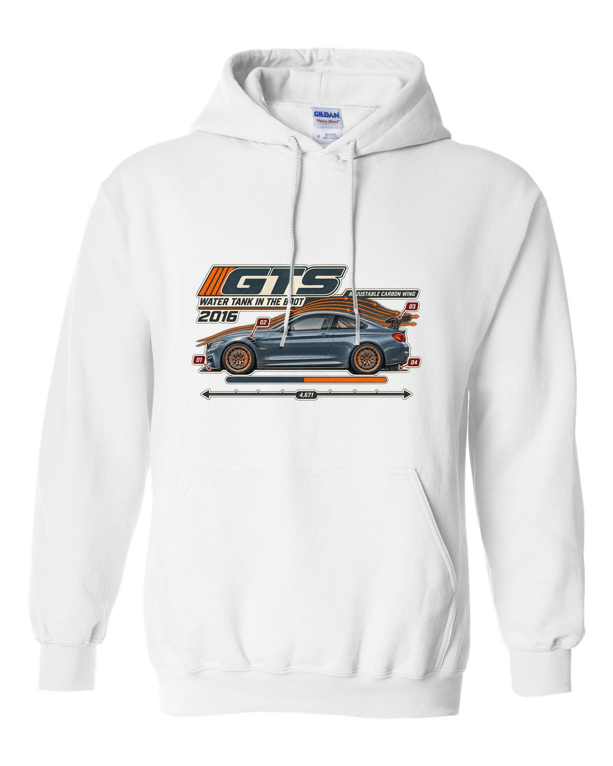 BMW M4 GTS F82 aero cutaway with callouts print white pull over hoodie front view with the design