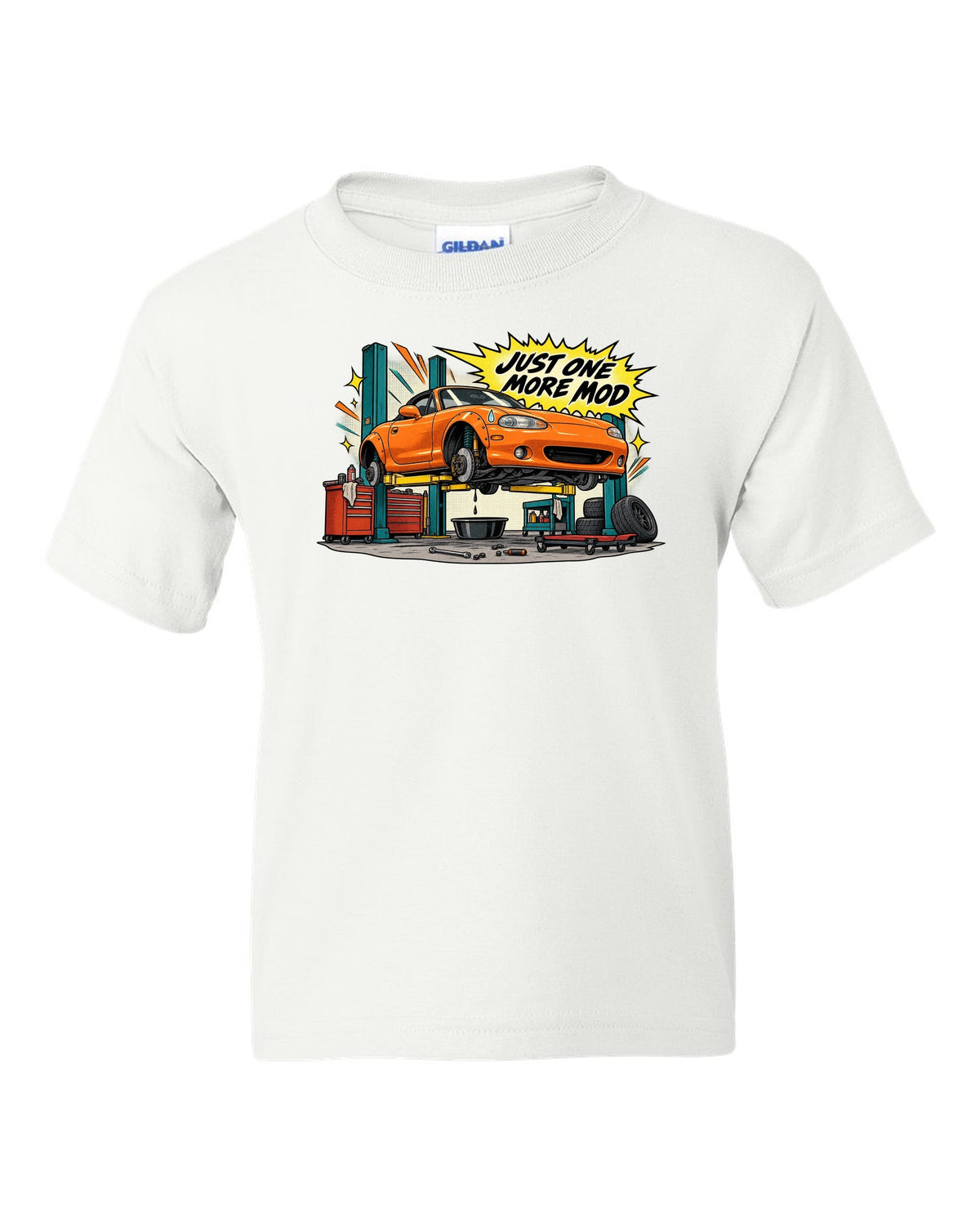 Retro manga halftone panel print of a Mazda MX-5 NB in a workshop with the text Just One More Mod white kids tee front view with the design