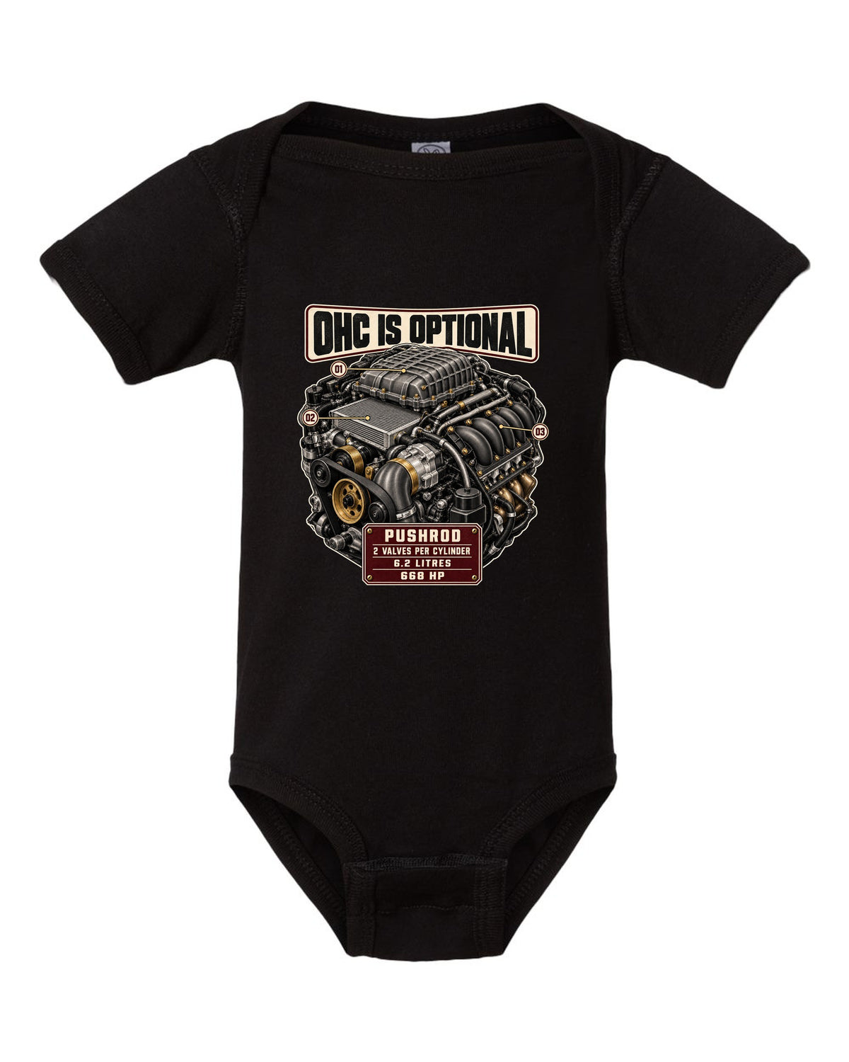 print of the Cadillac LT4 6.2L supercharged V8 engine from the CT5-V Blackwing black baby onesie front view with the design