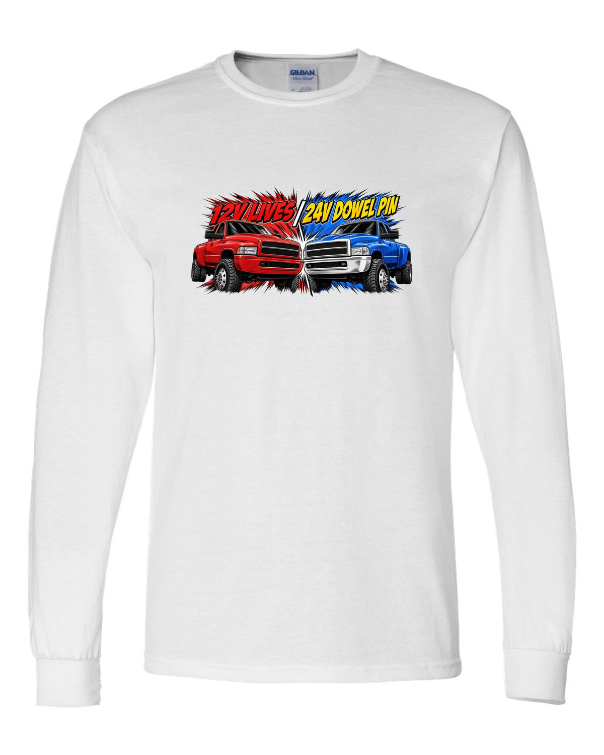 Retro manga halftone print of two Dodge Ram 2nd gen trucks with 12V lives and 24V dowel pin text white long sleeve front view with the design