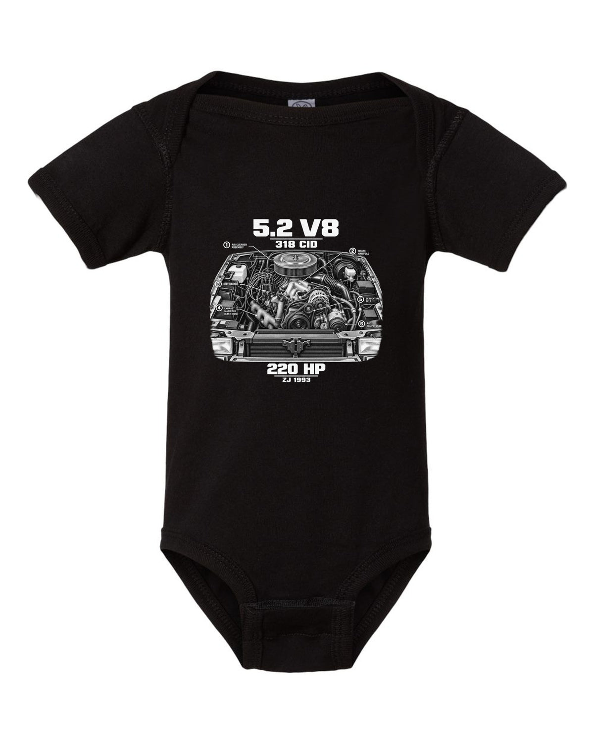 Jeep Grand Cherokee ZJ 5.2 V8 engine print with 318 CID text black baby onesie front view with the design