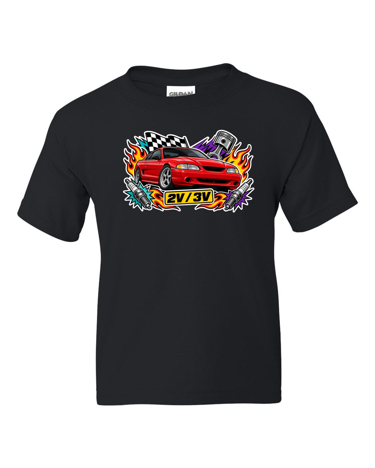 Sticker bomb collage of a 1994-98 SN95 Ford Mustang coupe with 2V 3V text black kids tee front view with the design