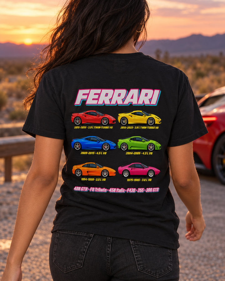Ferrari V8 Evolution Poster Full-Back Graphic Tee T-Shirt Black worn hero