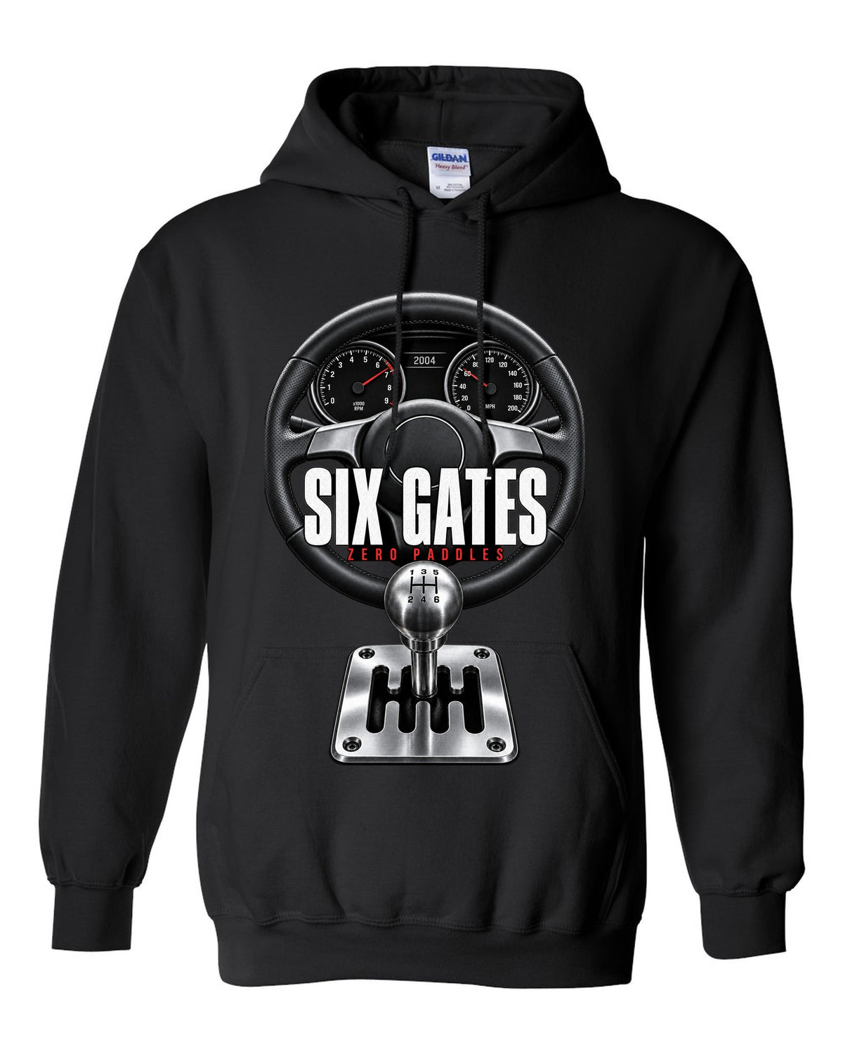 Cockpit print of a Lamborghini Gallardo with gated six-speed shifter and Six Gates text black pull over hoodie front view with the design
