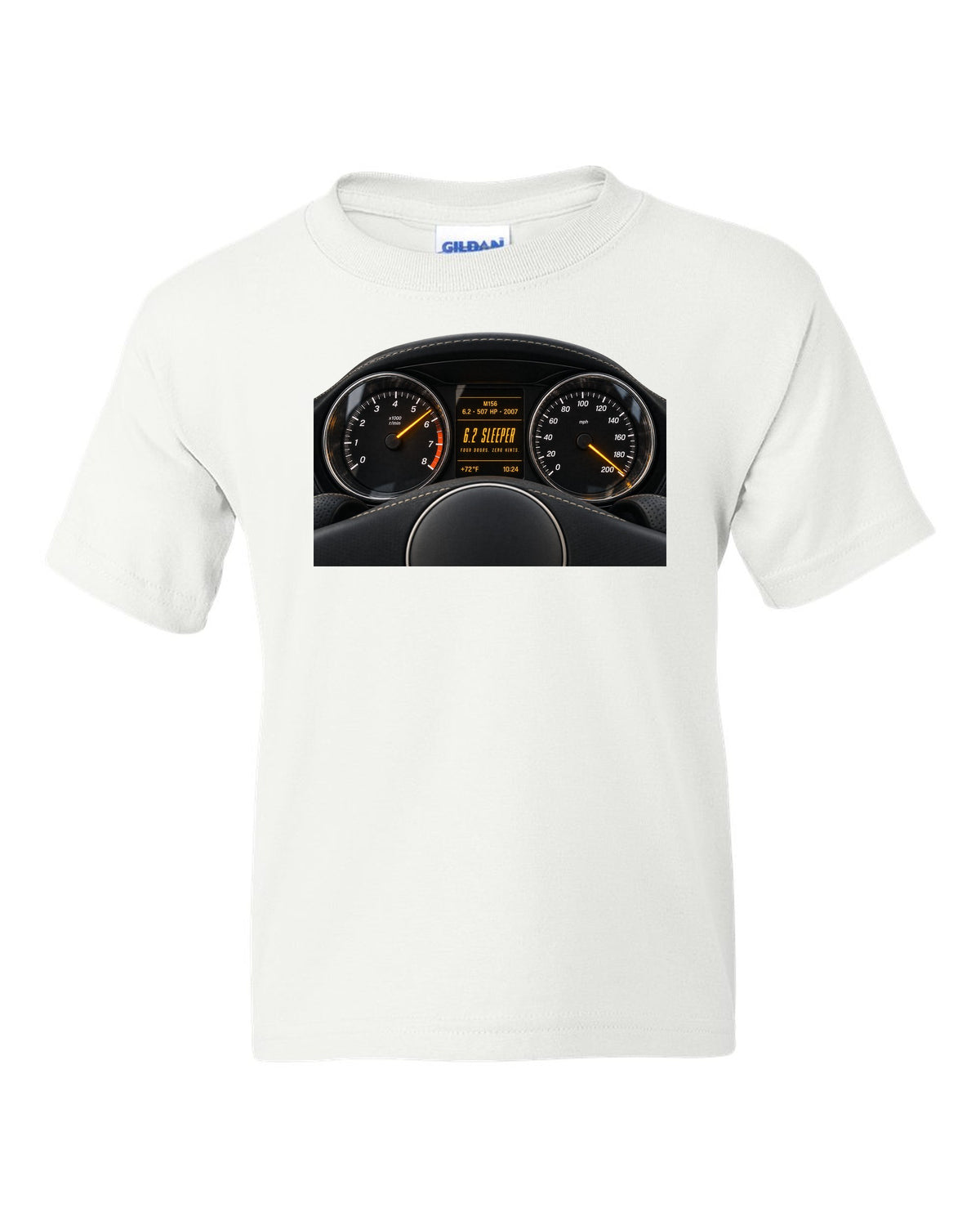 print cockpit gauge of a Mercedes W211 E63 M156 with text 507 HP, 2007, 6.2 sleeper white kids tee front view with the design