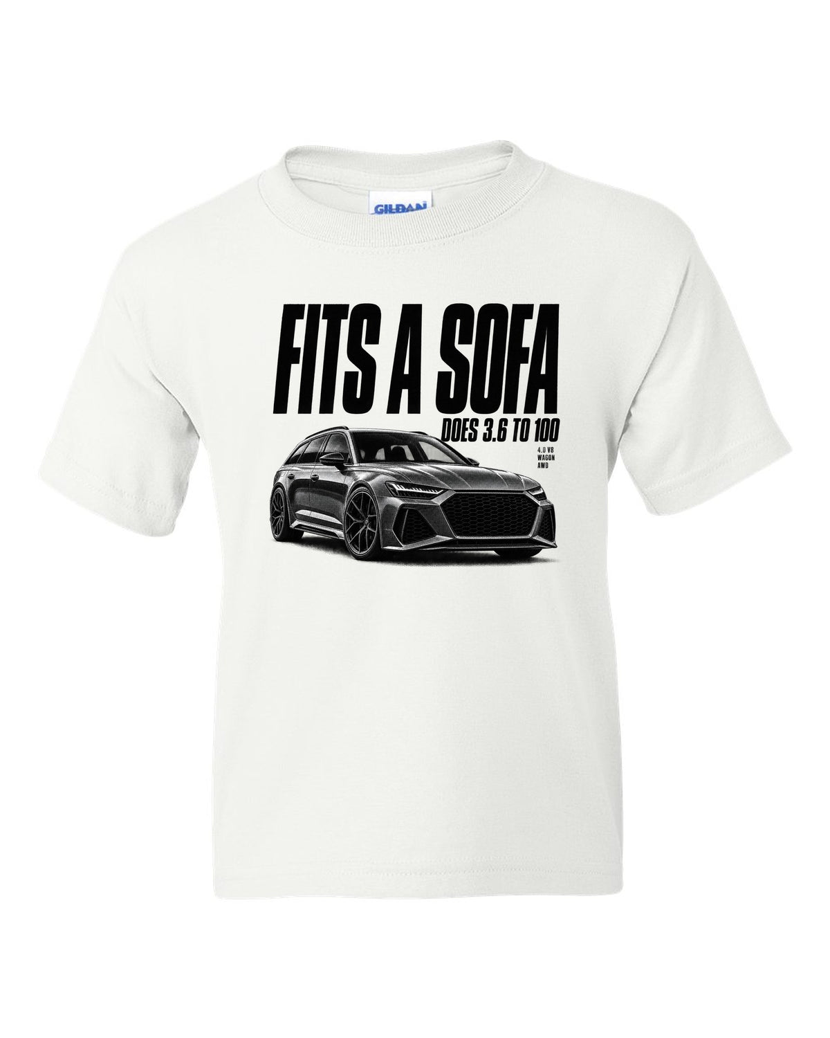 Halftone print of an Audi RS6 Avant C8 front three-quarter with Fits A Sofa caption white kids tee front view with the design