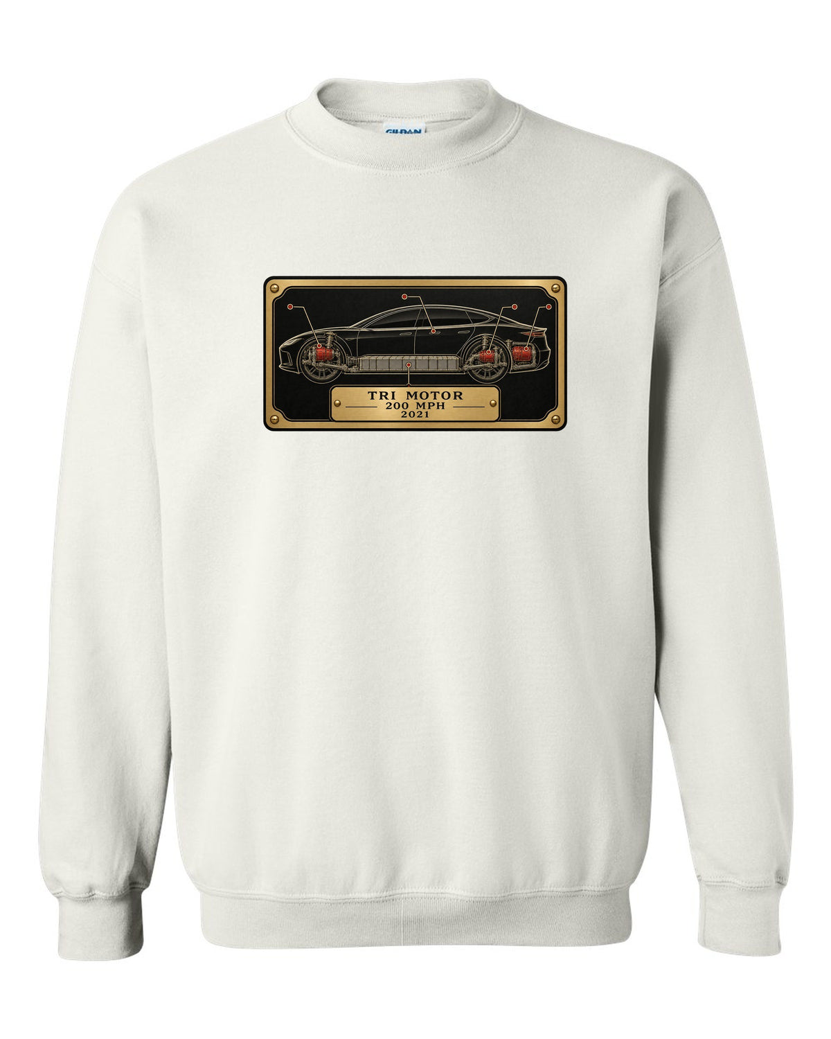 Spec-sheet data plate layout for a 2021 Tesla Model S Plaid with the words Tri Motor 200 MPH 2021 white crewneck front view with the design