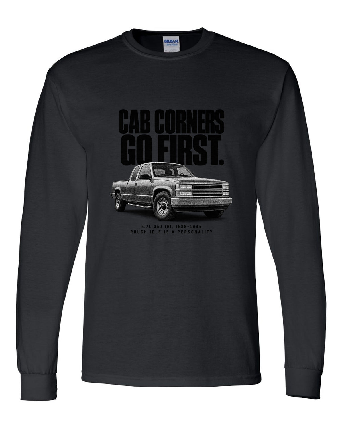 Halftone print of a 1988-98 Chevrolet GMT400 C1500 OBS with 5.7L 350 TBI text black long sleeve front view with the design