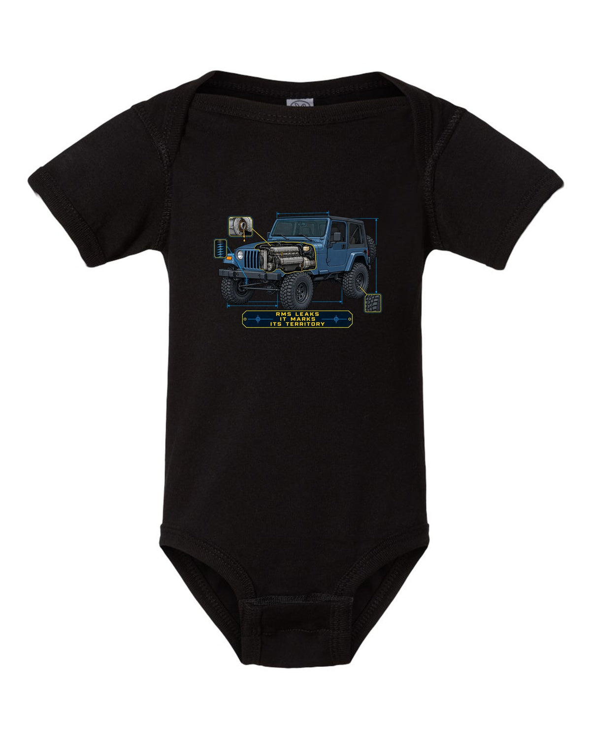 Blueprint style engine cutaway of a Jeep Wrangler TJ with RMS LEAKS IT MARKS ITS TERRITORY lettering black baby onesie front view with the design