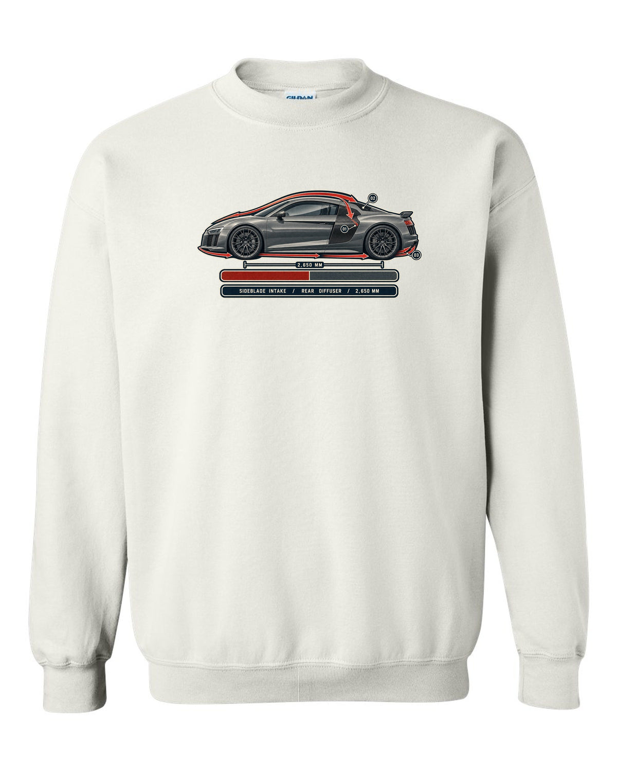 Audi R8 V10 plus Type 4S airflow cutaway with sideblade and diffuser callouts white crewneck front view with the design