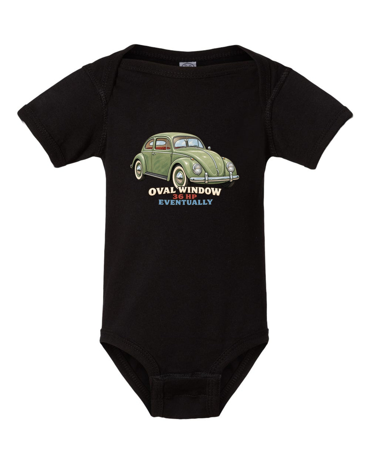 Gouache painted print of a 1956 VW Beetle Type 1 oval window with 36 HP lettering black baby onesie front view with the design