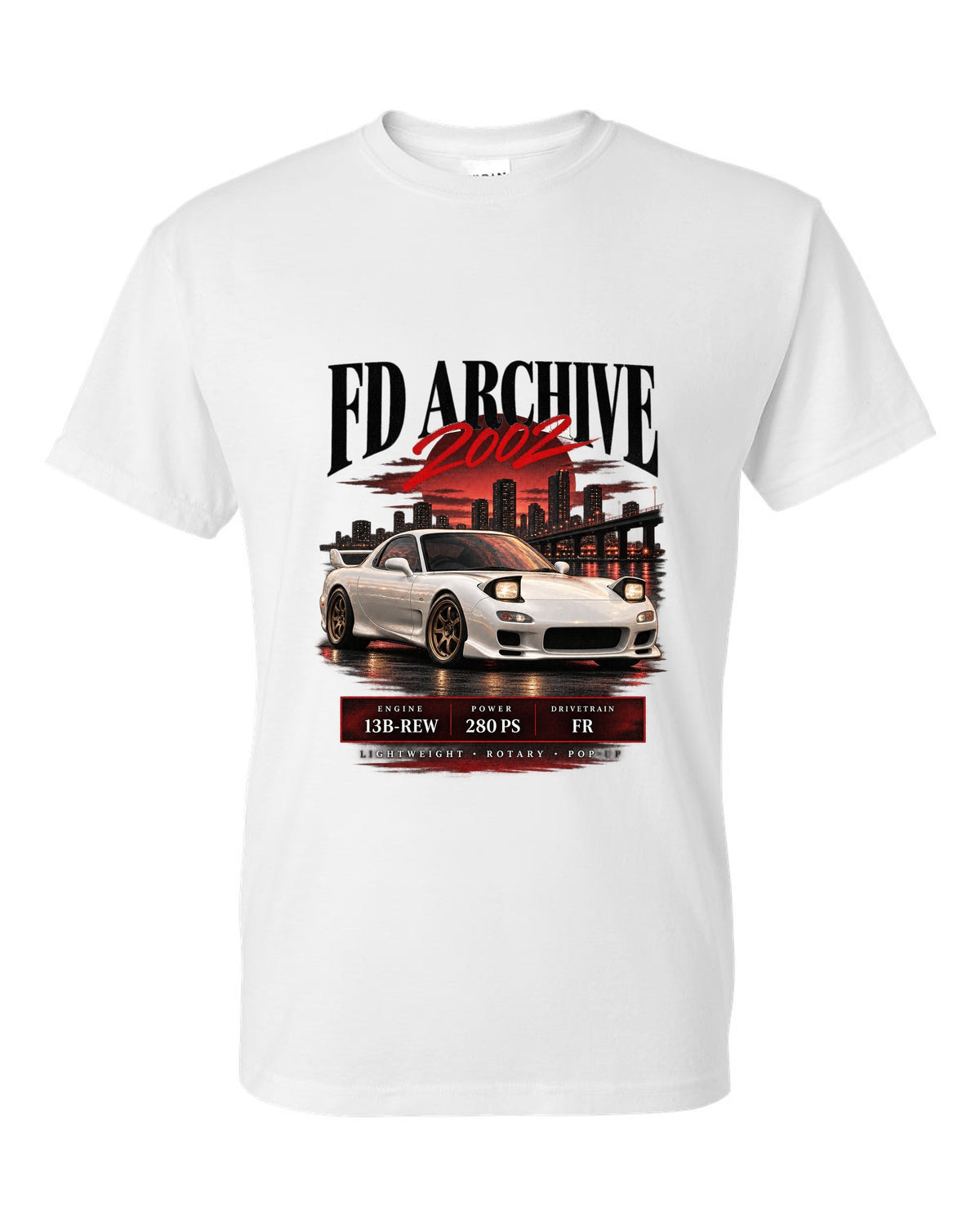 Archive panel print of the Mazda RX-7 FD3S Spirit R 2002 with spec lettering white t-shirt front view with the design