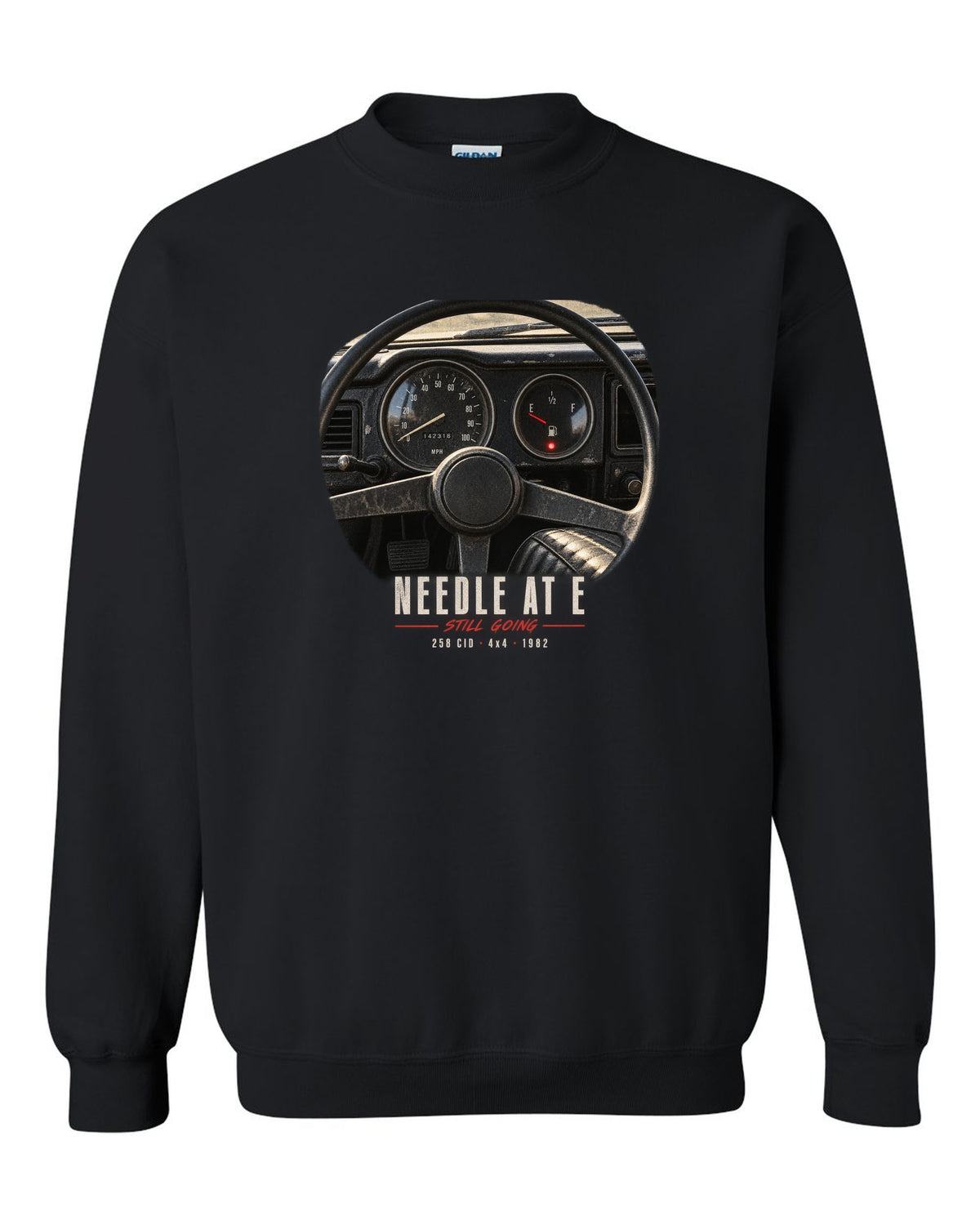 Gauge cockpit print for the Jeep CJ-7, Needle At E Still Going black crewneck front view with the design