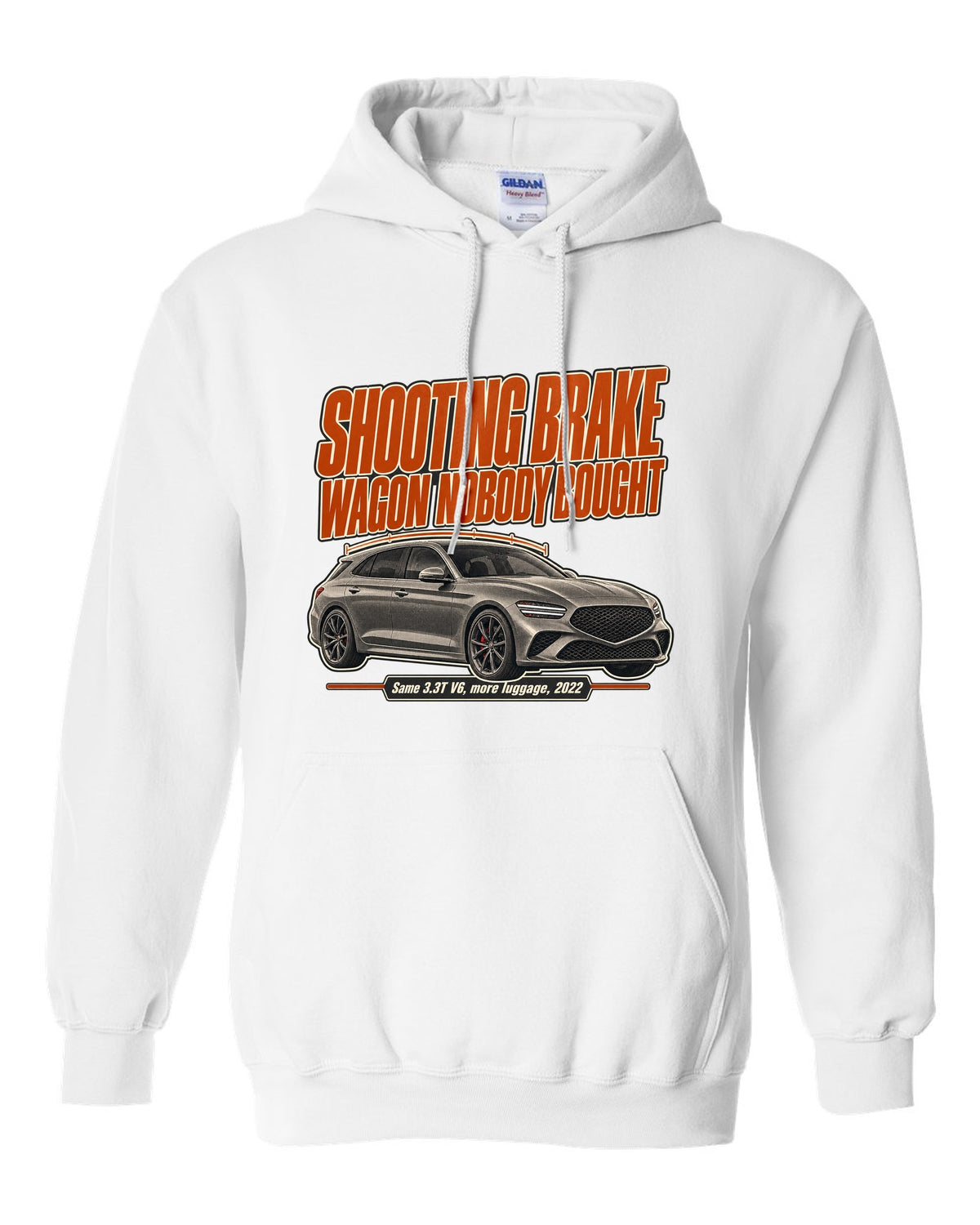 Editorial headline print for the Genesis G70 Shooting Brake reading wagon nobody bought white pull over hoodie front view with the design
