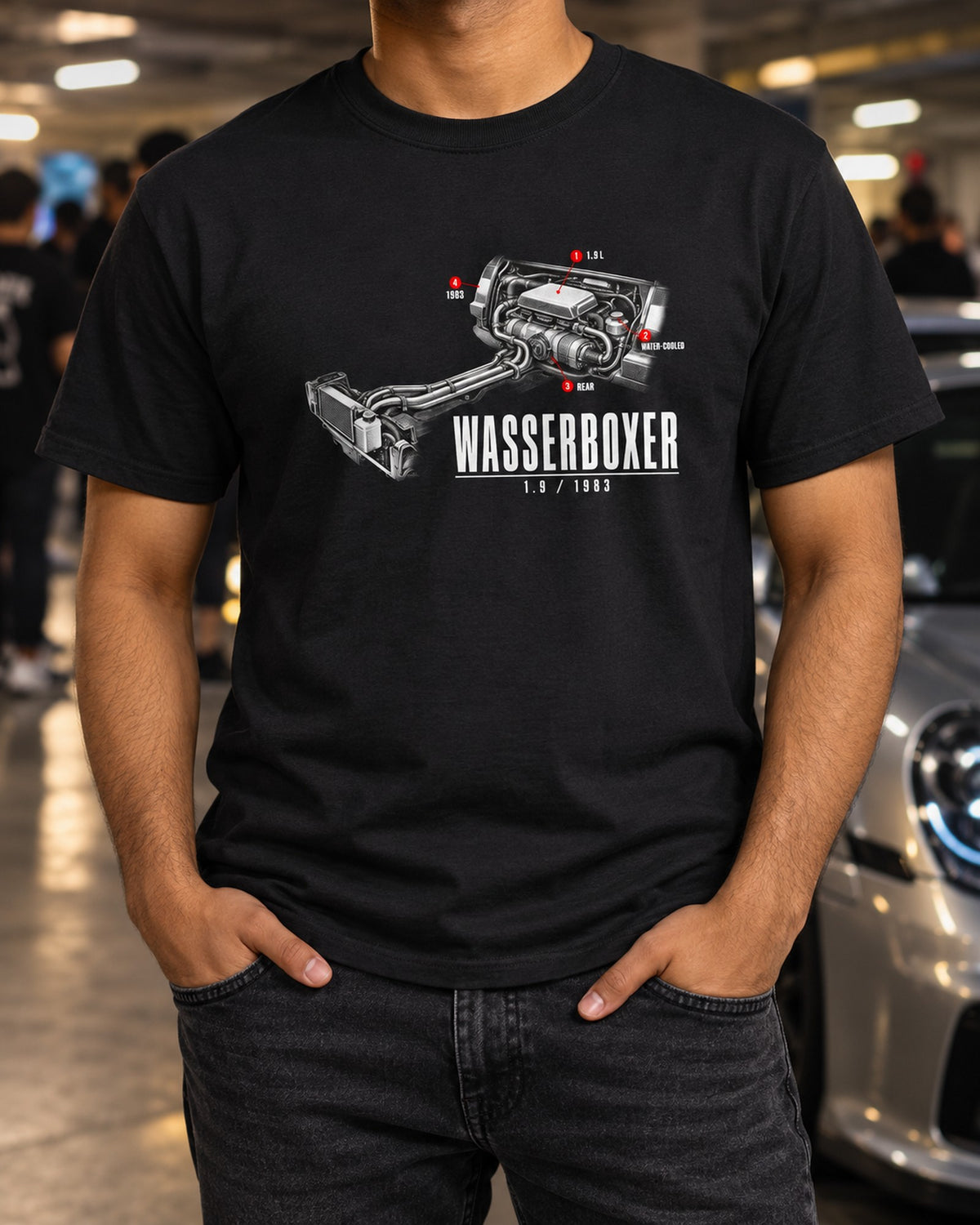 VW T3 Vanagon Wasserboxer 1.9 Engine Tee, Water-Cooled T-Shirt Black worn hero