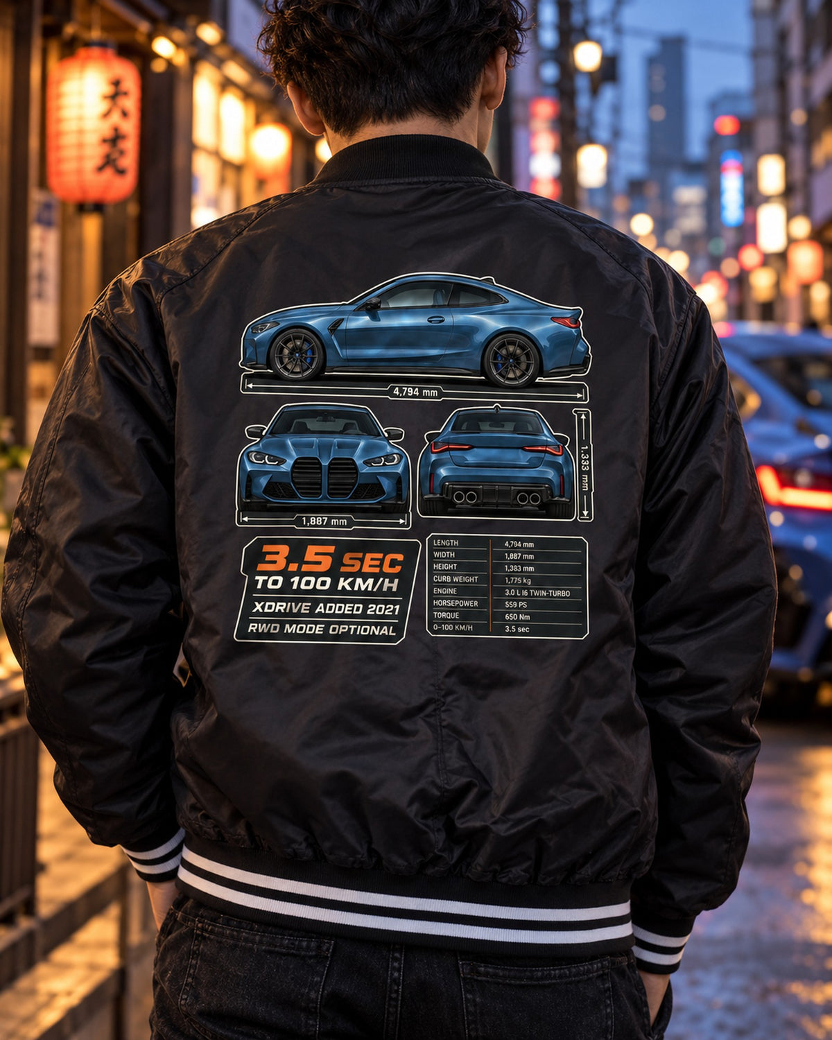 M4 Competition xDrive G82 Three-View Spec Tee, BMW Car Shirt Bomber Jacket Black worn hero