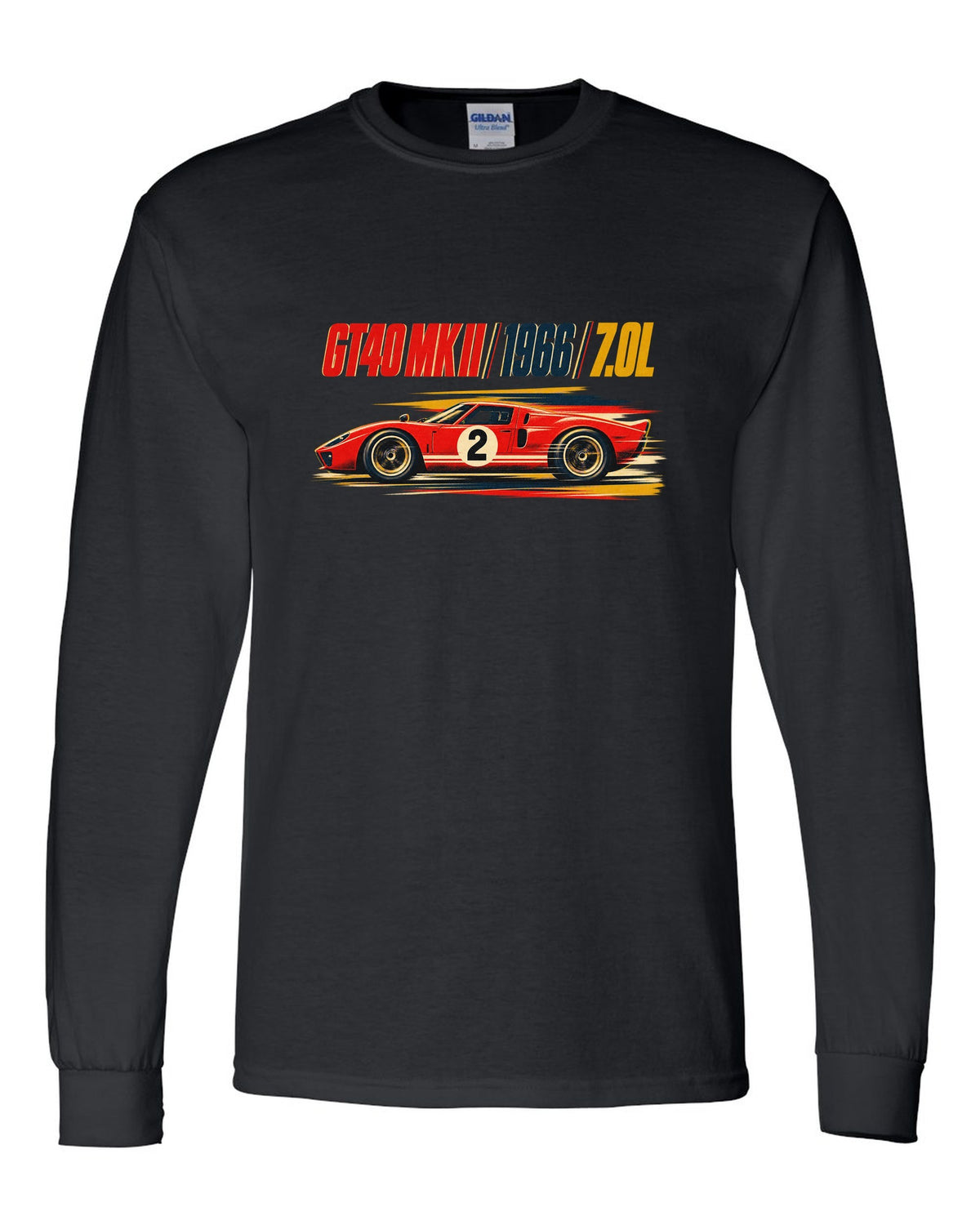 Vintage litho race poster of a 1966 Ford GT40 Mk II with 7.0L lettering black long sleeve front view with the design