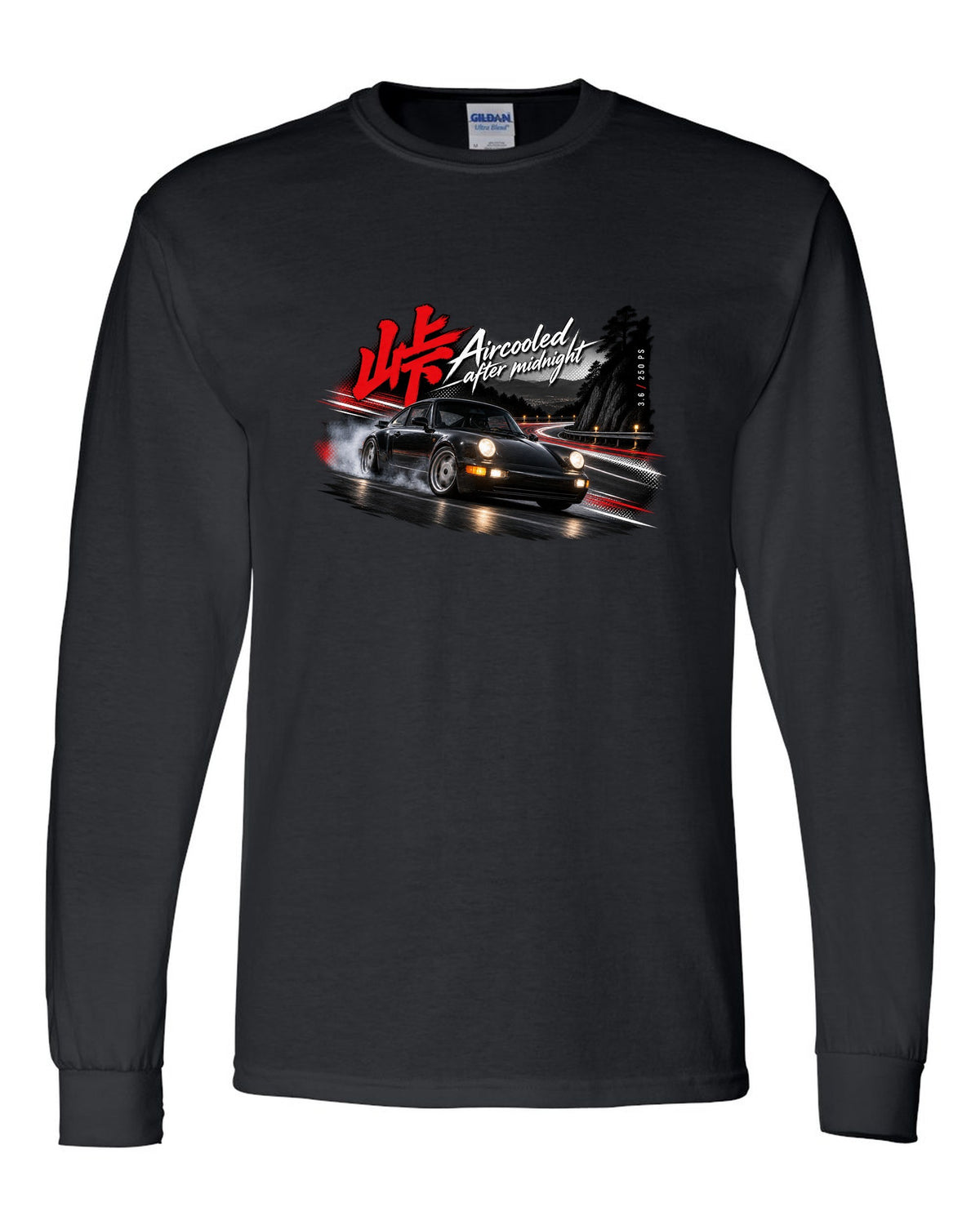 Touge night print of a Porsche 911 Carrera 2 (964) with the line Aircooled after midnight black long sleeve front view with the design