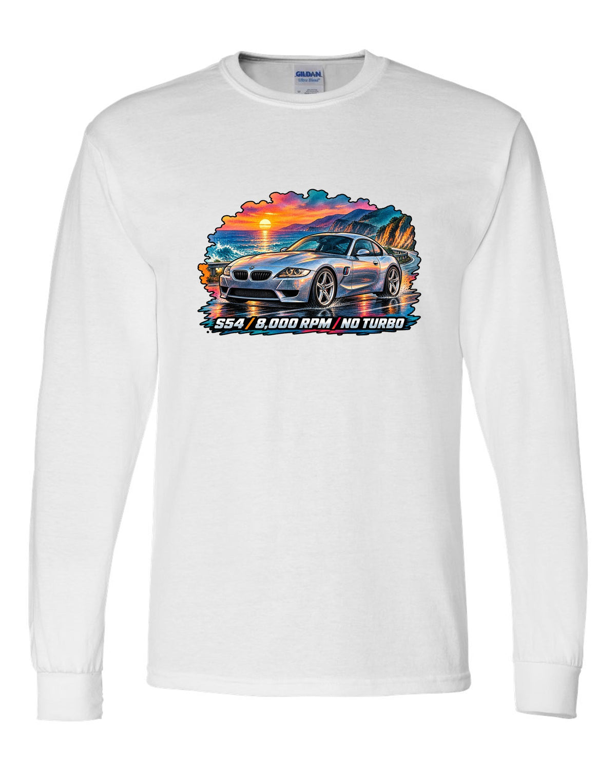 BMW Z3 M Coupe 16-bit pixel art print with Clown Shoe 3.2 text white long sleeve front view with the design