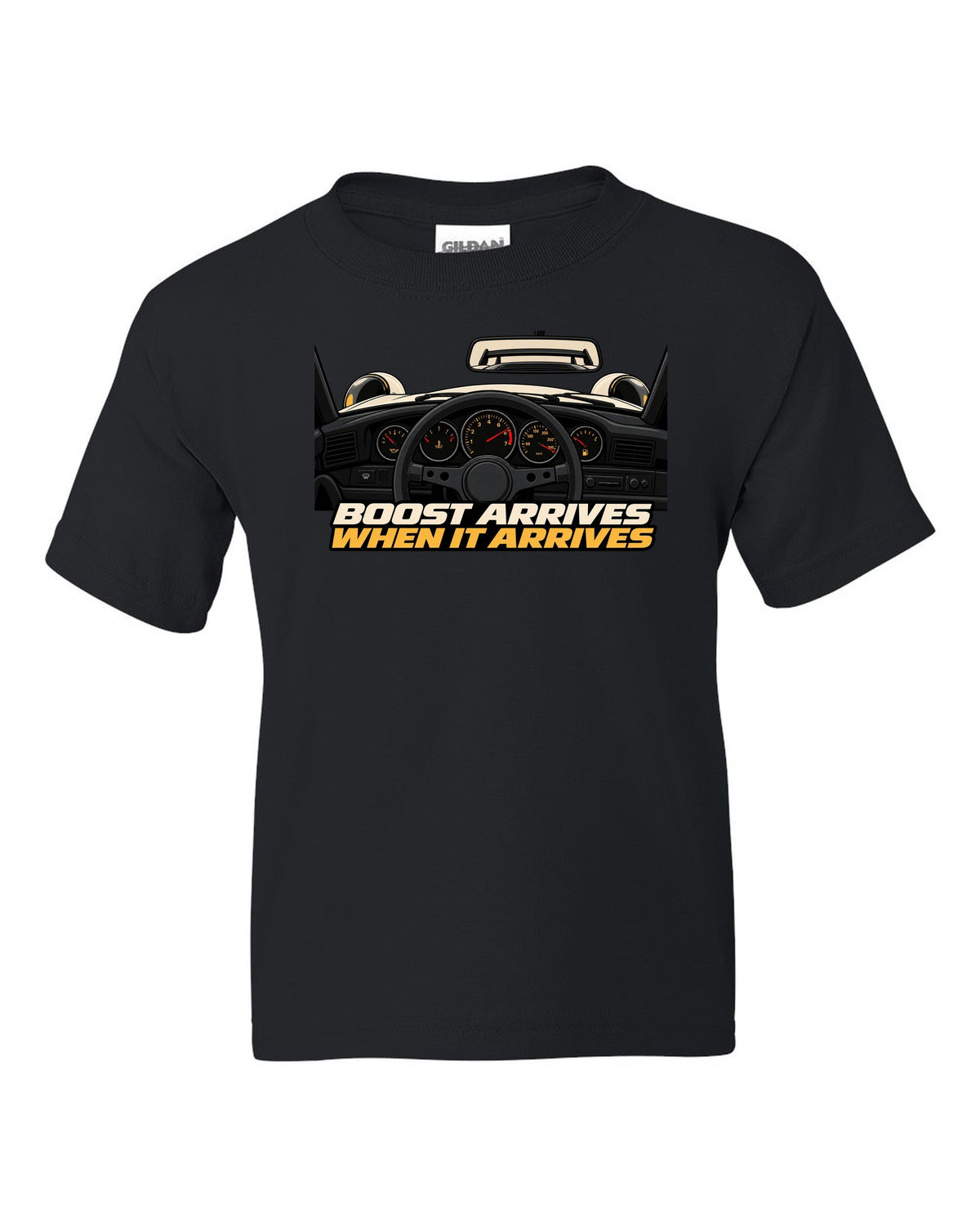 Gauge cockpit vector print of a 1993 Porsche 911 Turbo 964 with Boost Arrives When It Arrives lettering black kids tee front view with the design